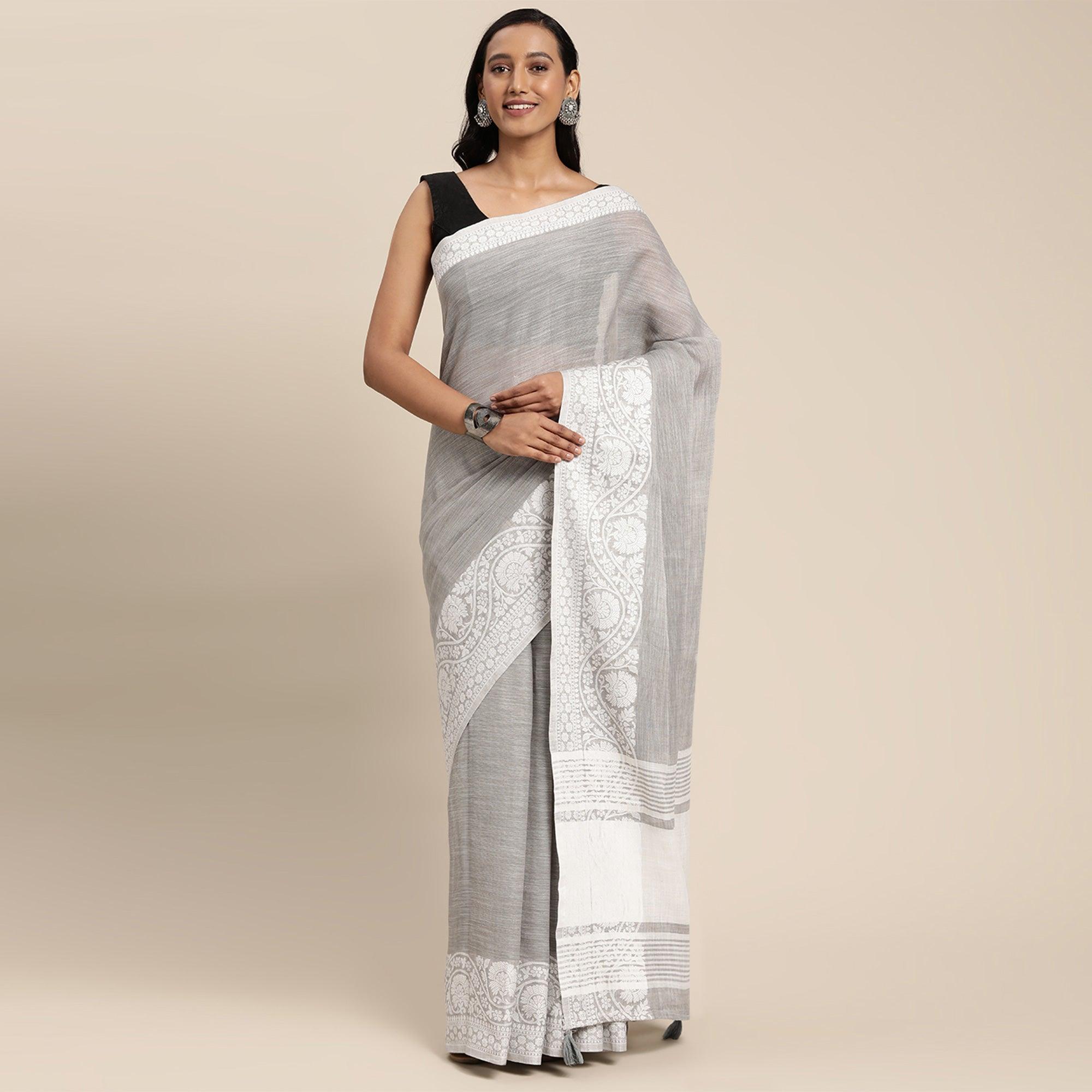 Grey Embroidered Linen Saree with Tassels - Peachmode
