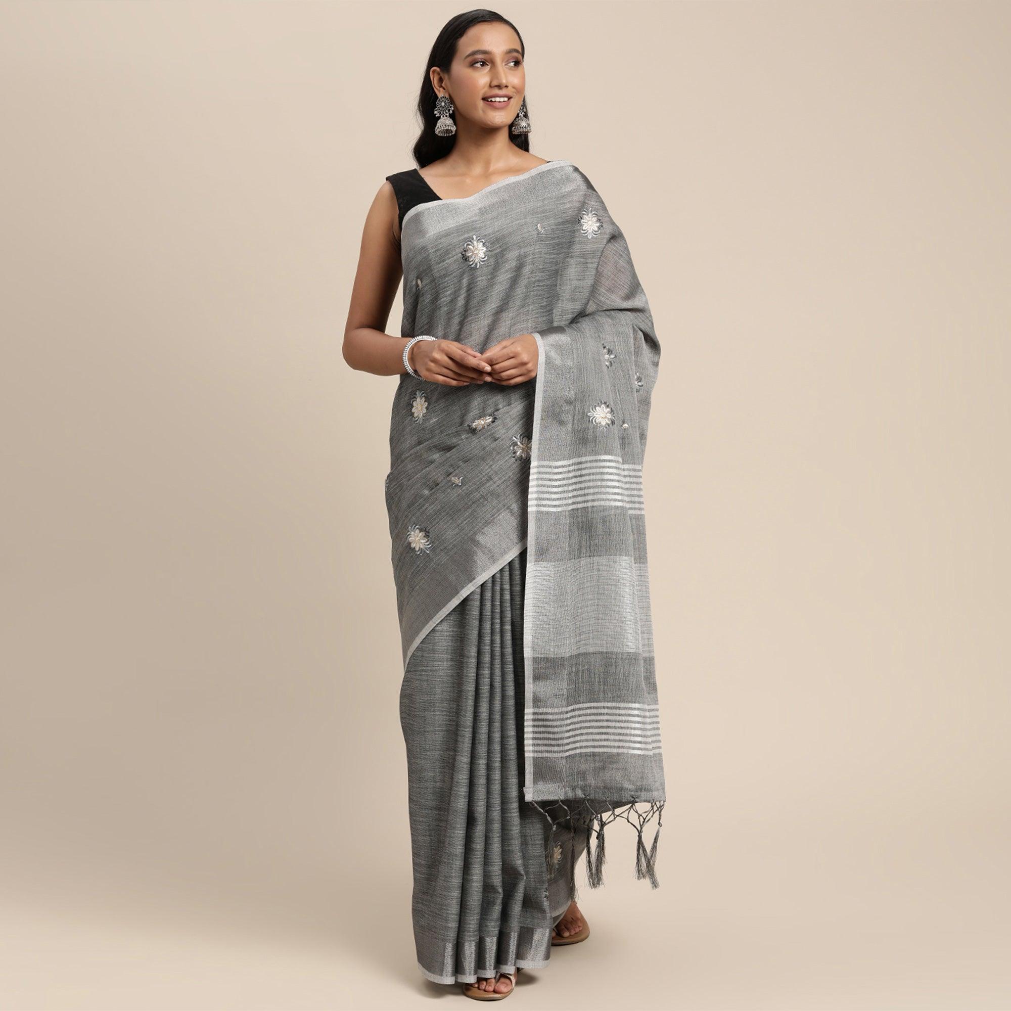 Grey Embroidered Linen Saree with Tassels - Peachmode