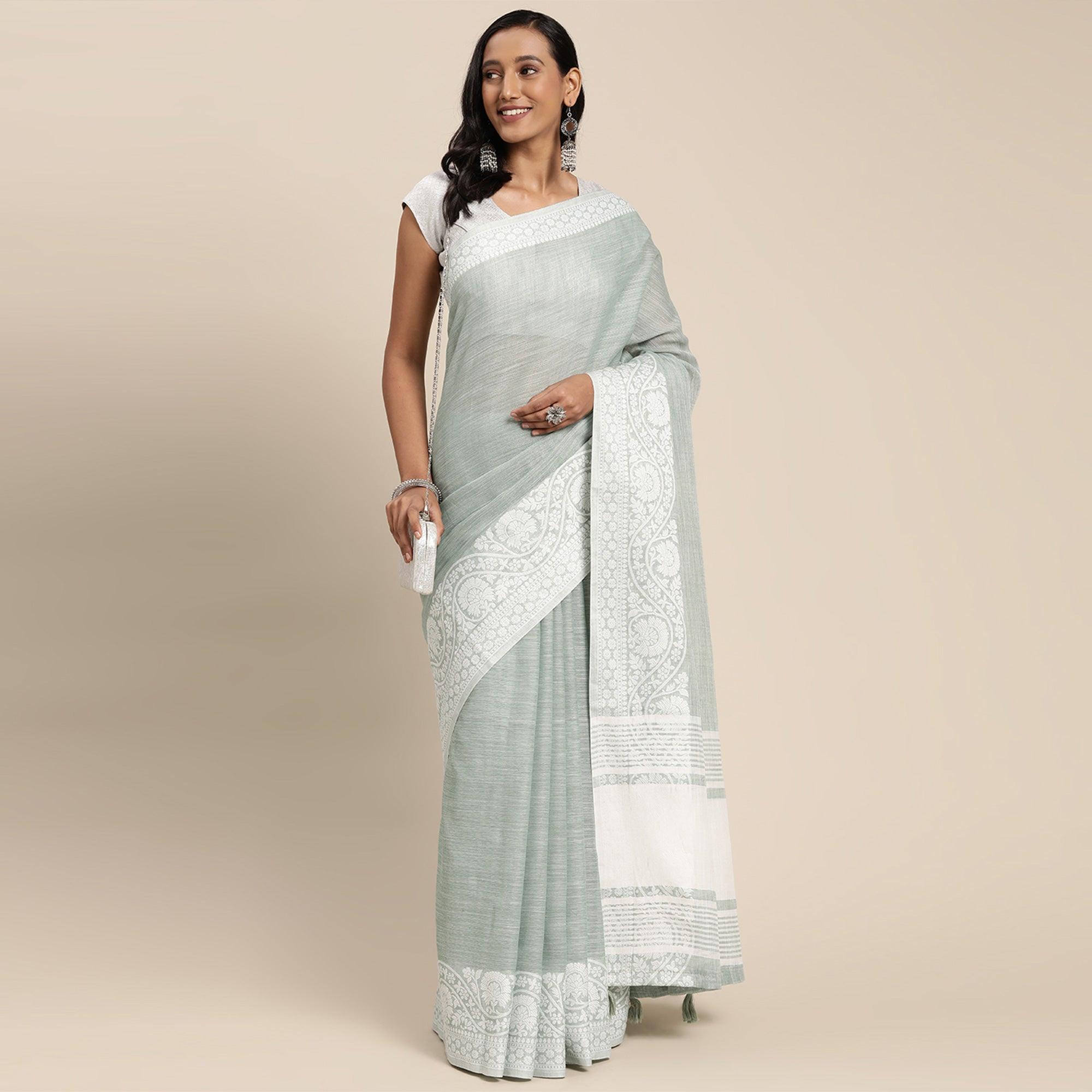 Grey Embroidered Linen Saree with Tassels - Peachmode