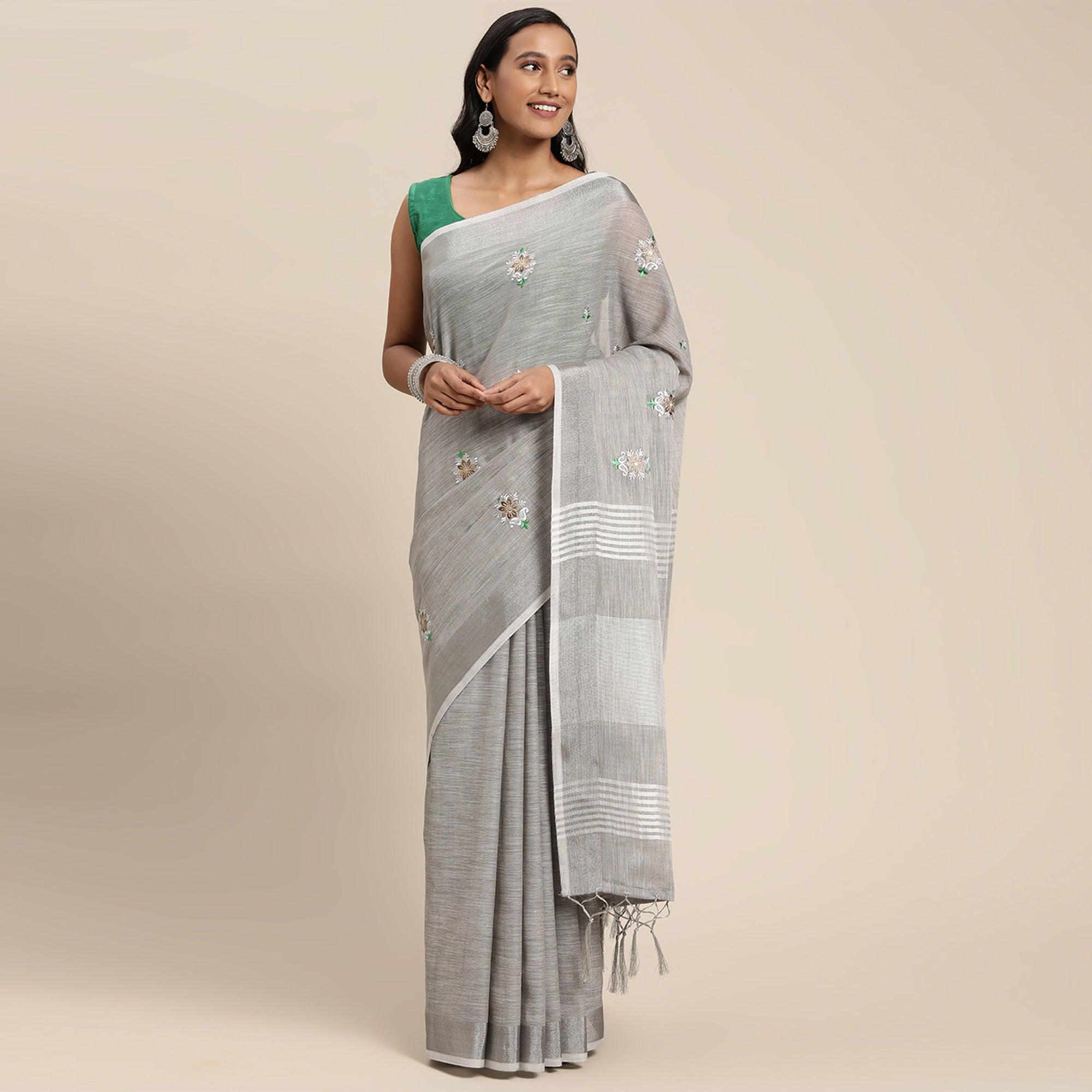 Grey Embroidered Linen Saree With Tassels - Peachmode