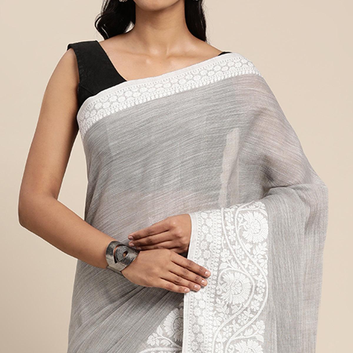 Grey Embroidered Linen Saree with Tassels - Peachmode