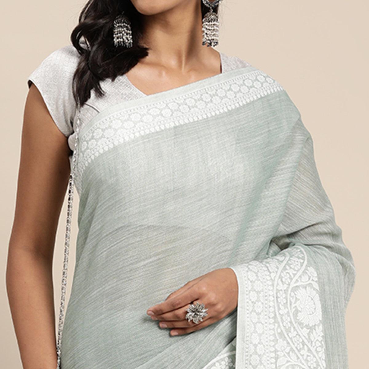 Grey Embroidered Linen Saree with Tassels - Peachmode