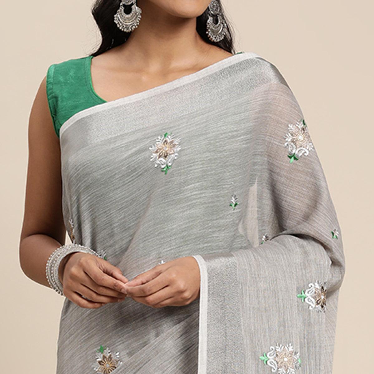 Grey Embroidered Linen Saree With Tassels - Peachmode