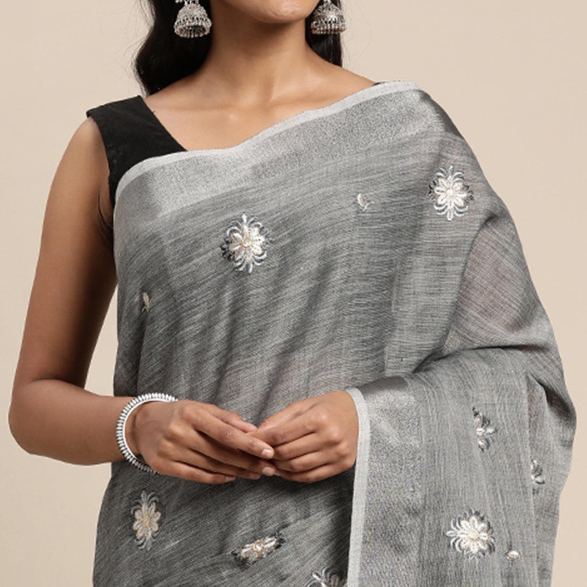 Grey Embroidered Linen Saree with Tassels - Peachmode