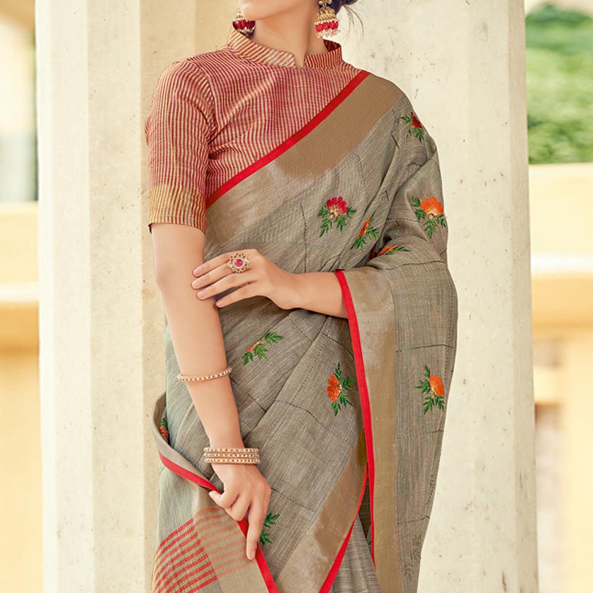 Grey Embroidered Linen Saree With Tassels - Peachmode