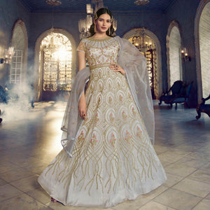 Grey Embroidered Netted Anarkali Style Gown - Peachmode