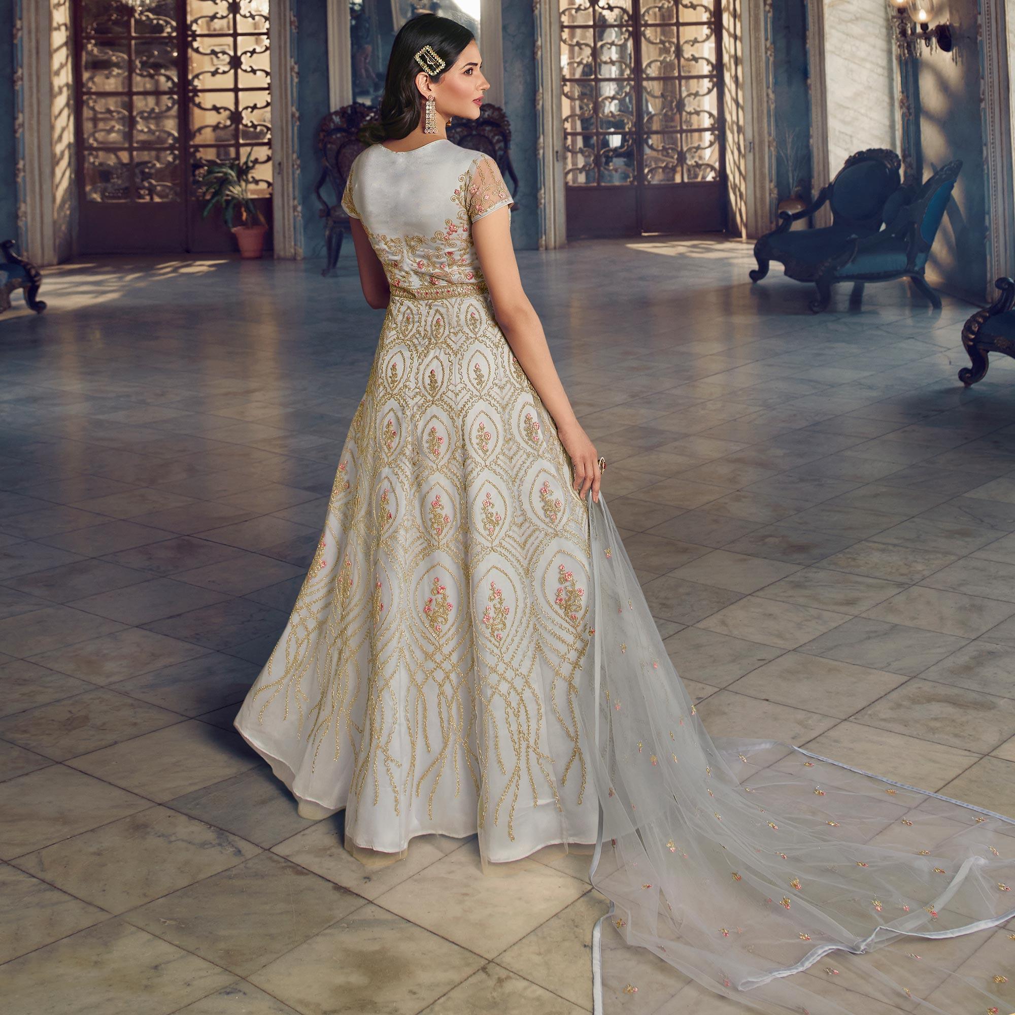 Grey Embroidered Netted Anarkali Style Gown - Peachmode
