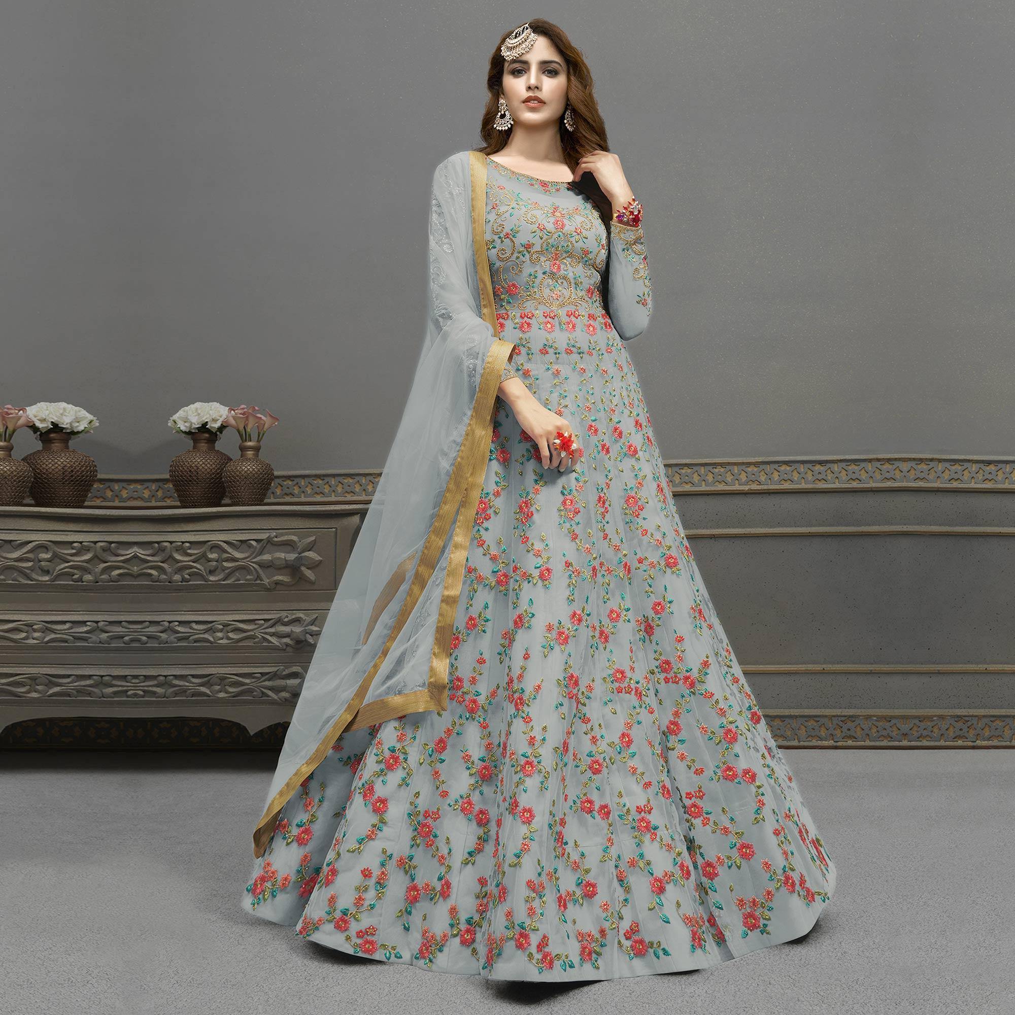 Grey Embroidered Netted Anarkali Suit - Peachmode