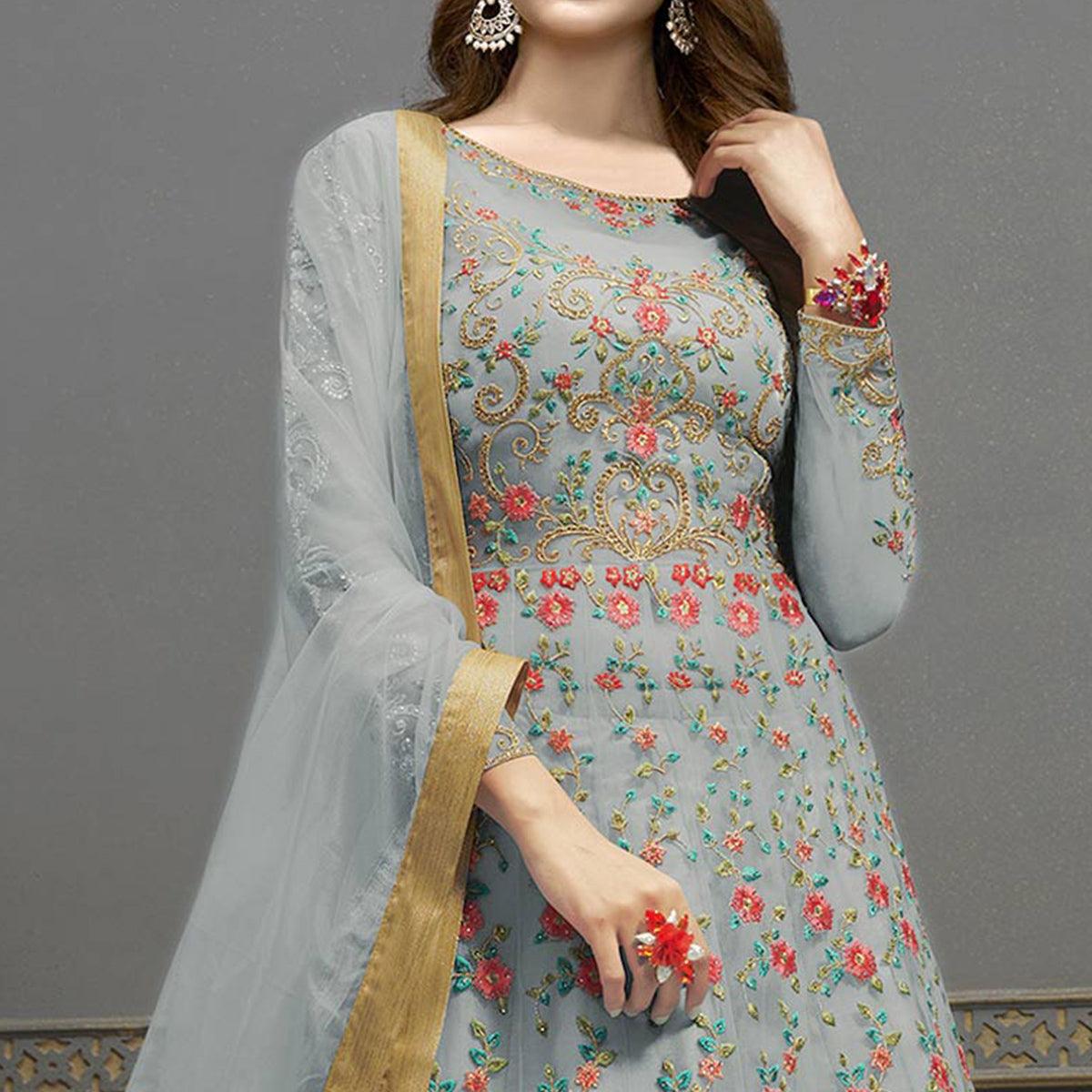 Grey Embroidered Netted Anarkali Suit - Peachmode