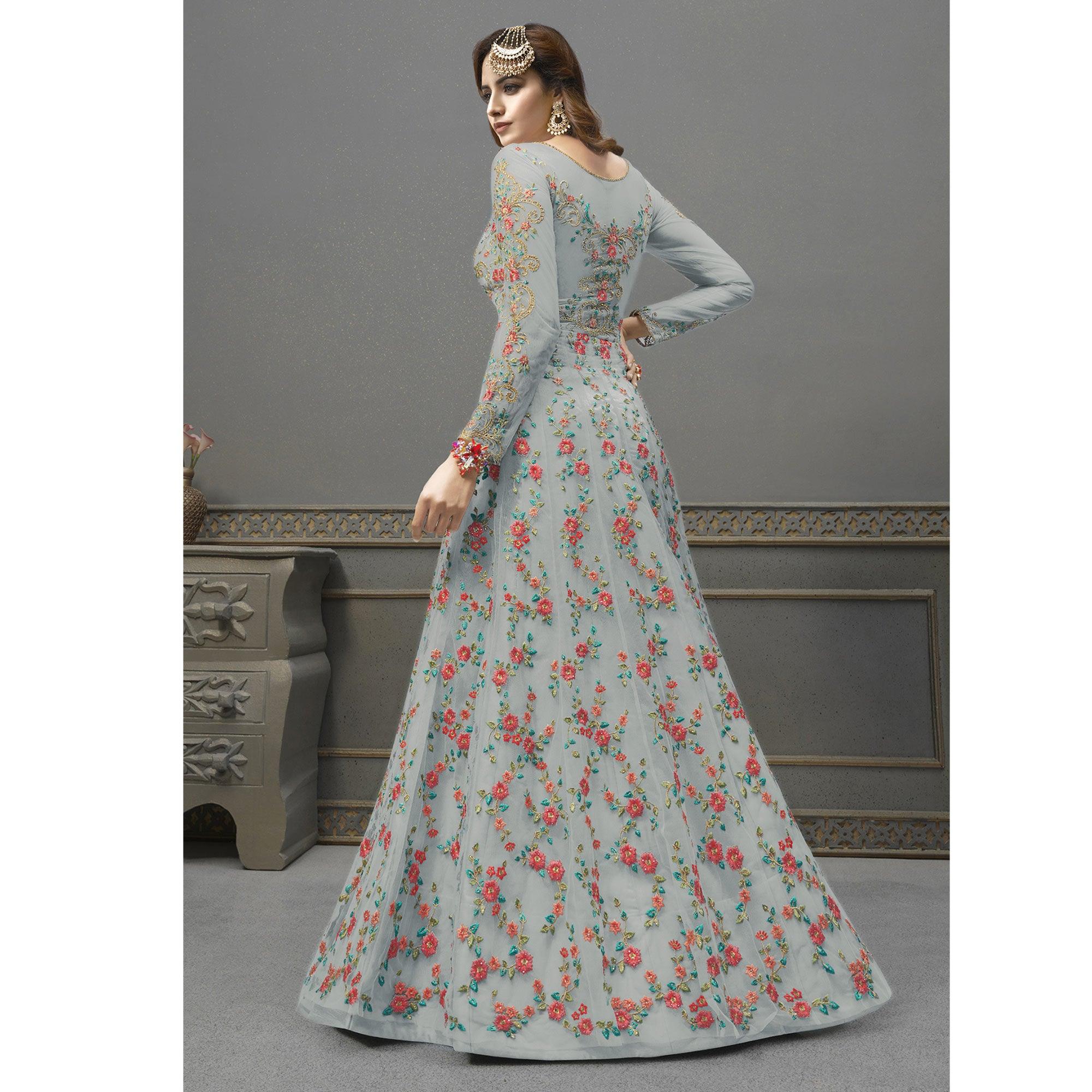 Grey Embroidered Netted Anarkali Suit - Peachmode