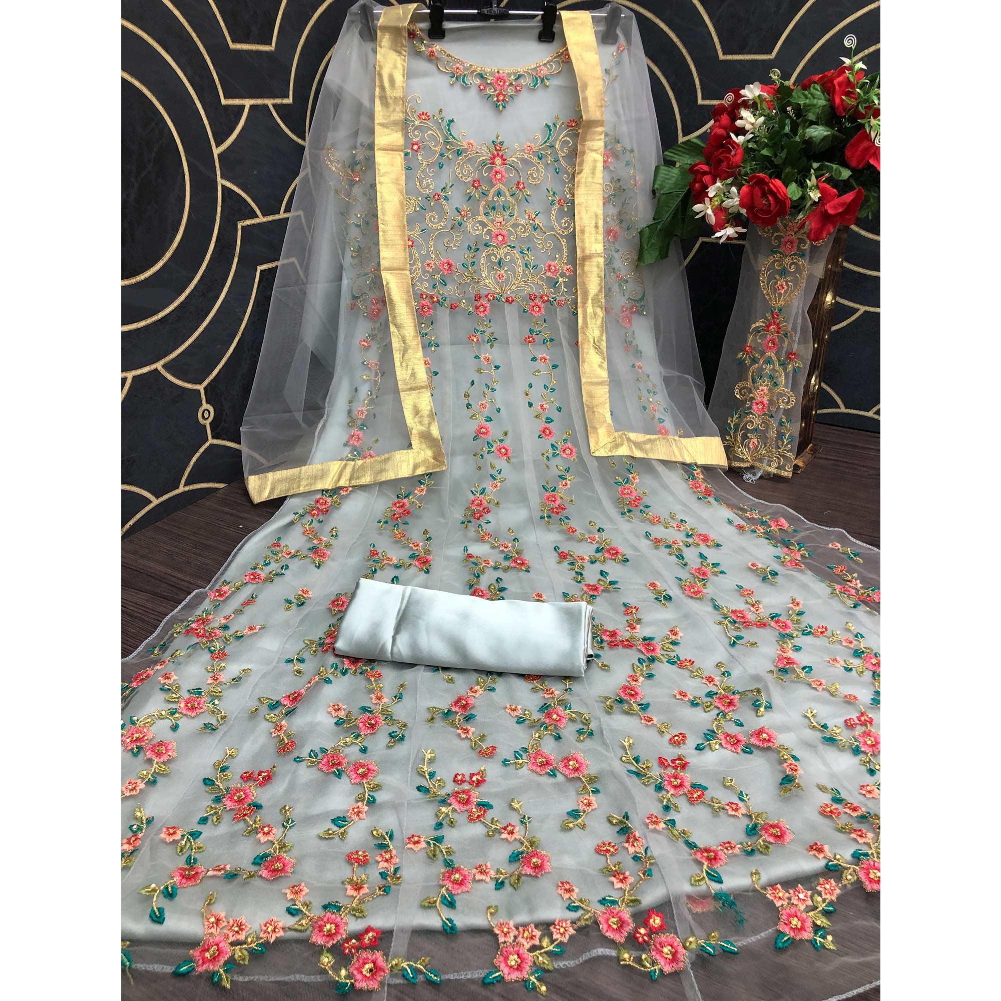 Grey Embroidered Netted Anarkali Suit - Peachmode