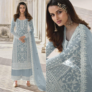 Grey Embroidered Netted Palazzo Suit - Peachmode