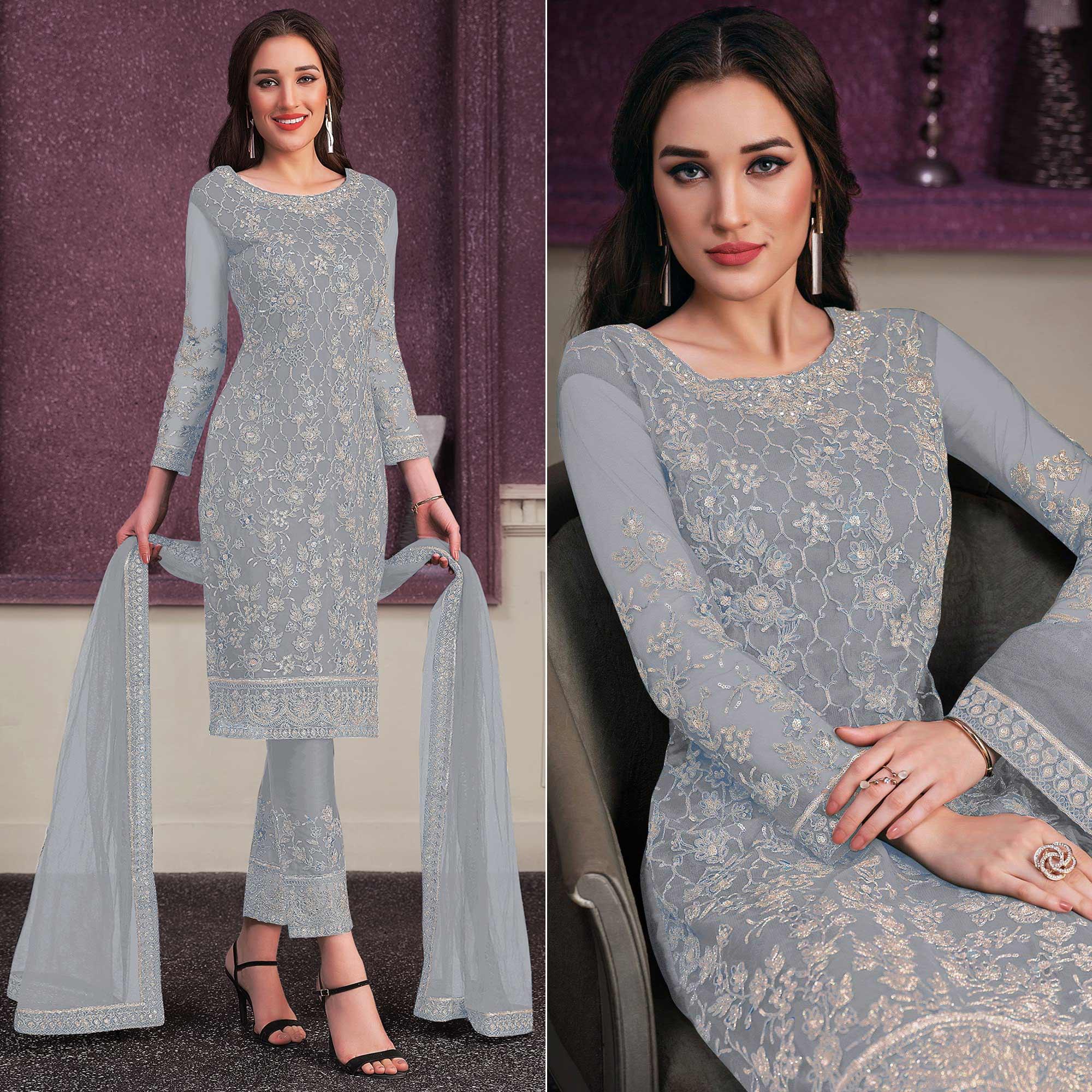 Grey Embroidered Netted Suit - Peachmode