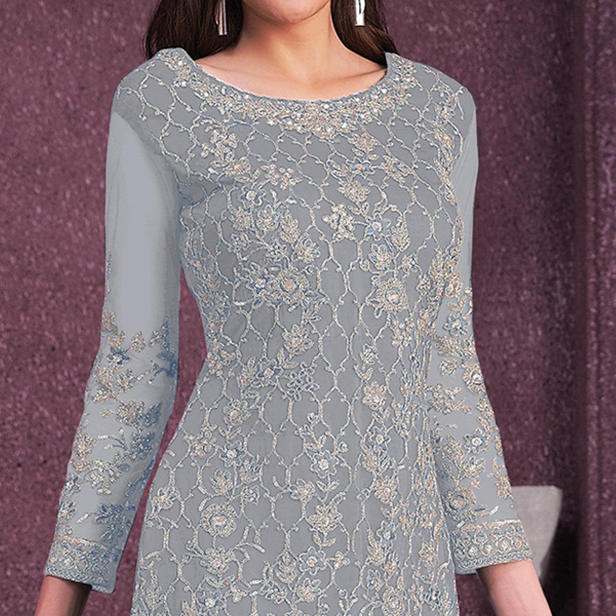 Grey Embroidered Netted Suit - Peachmode