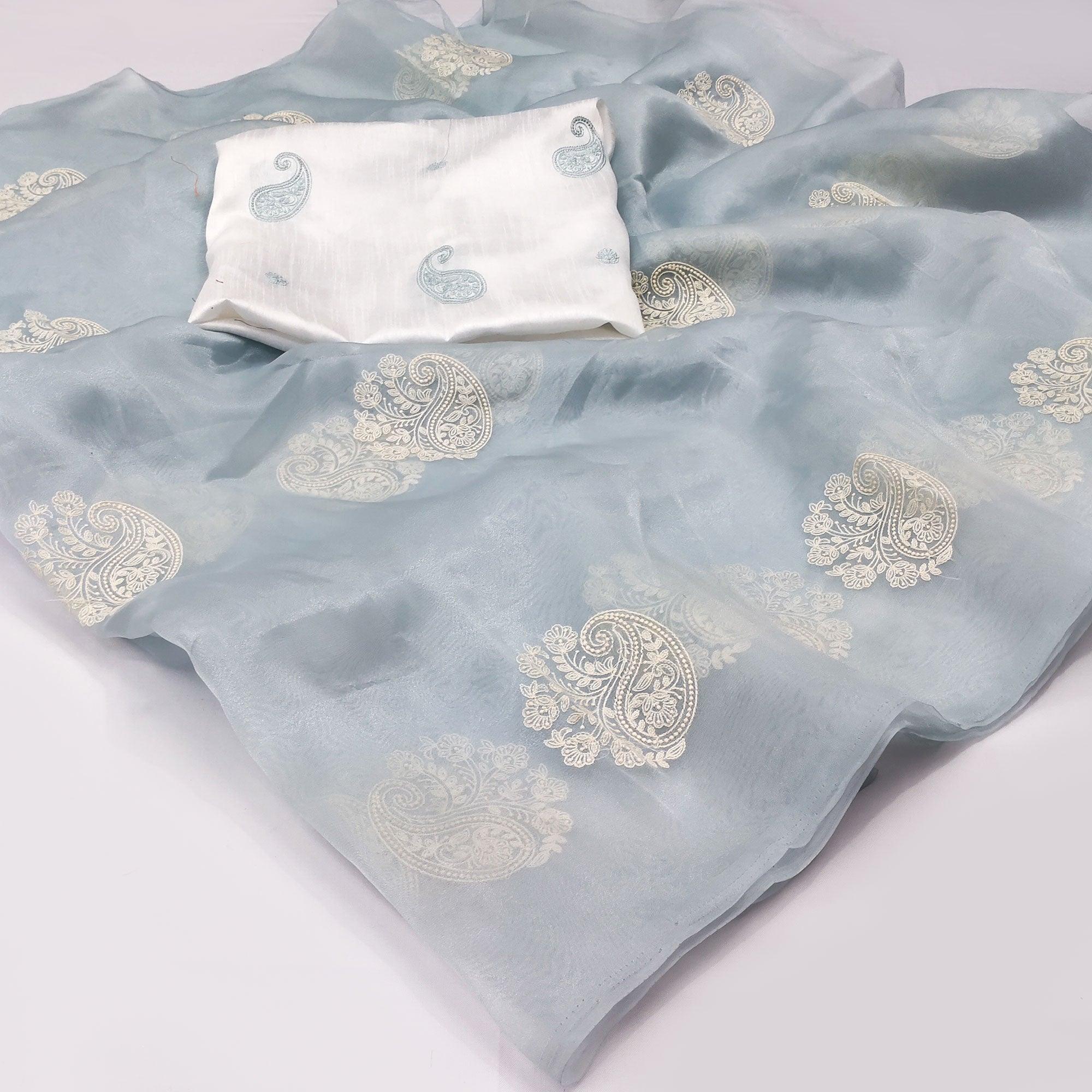 Grey Embroidered Organza Saree - Peachmode