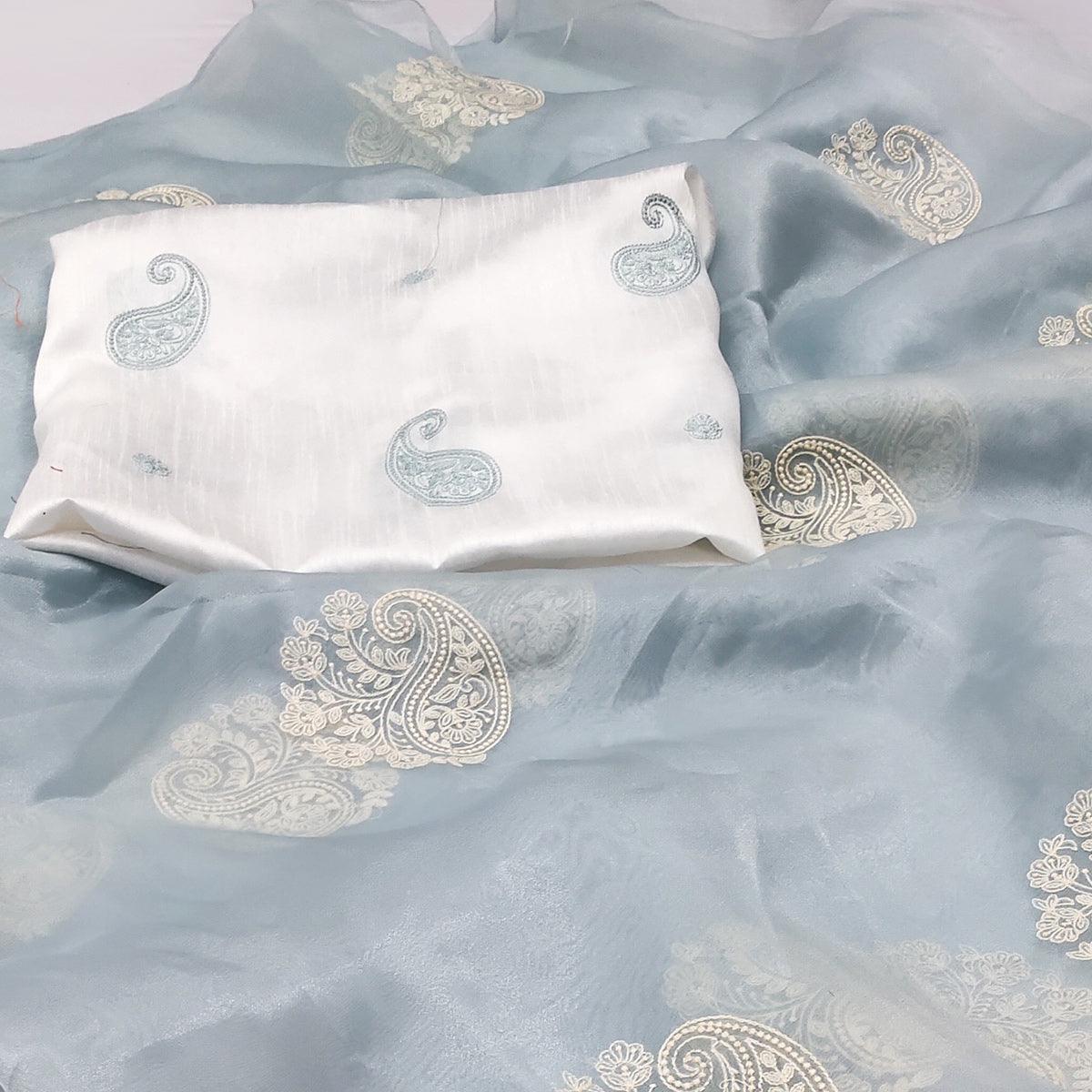 Grey Embroidered Organza Saree - Peachmode