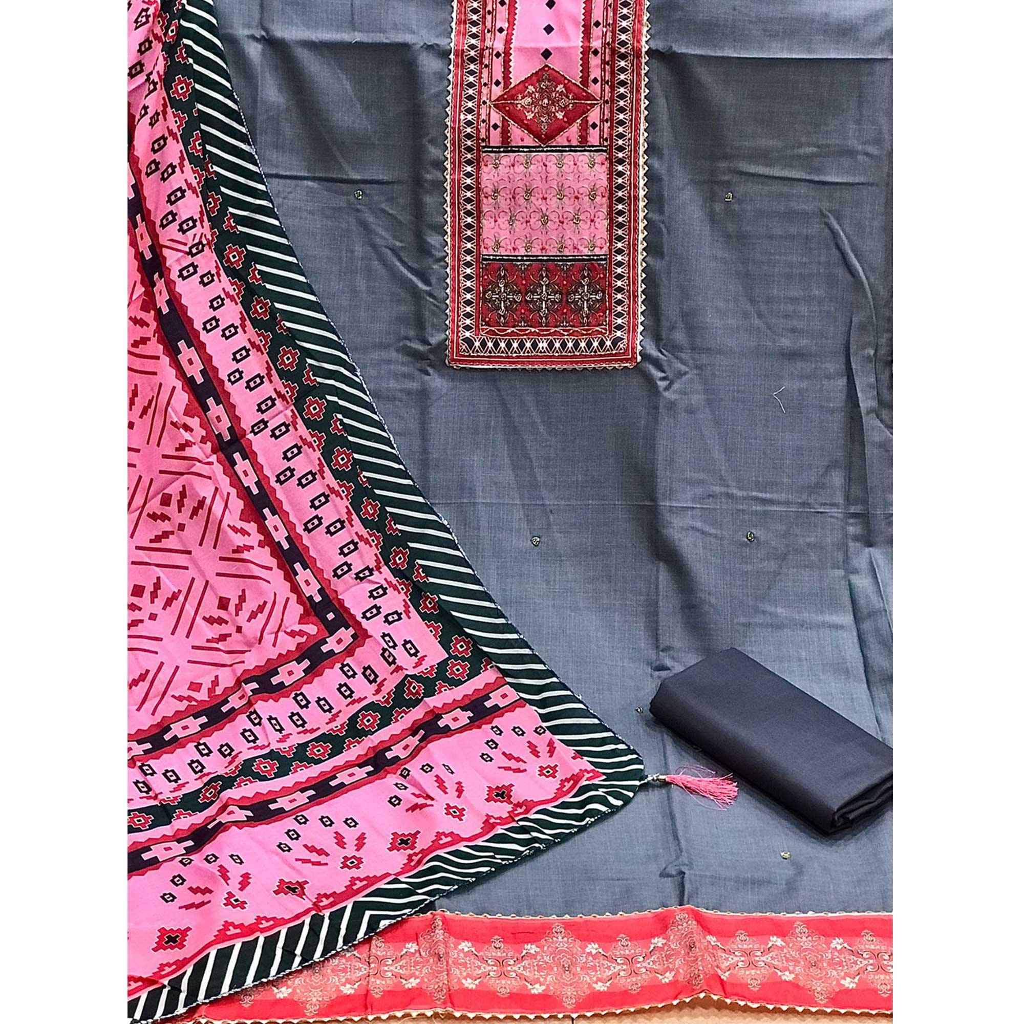 Grey Embroidered Poly Cotton Dress Material - Peachmode