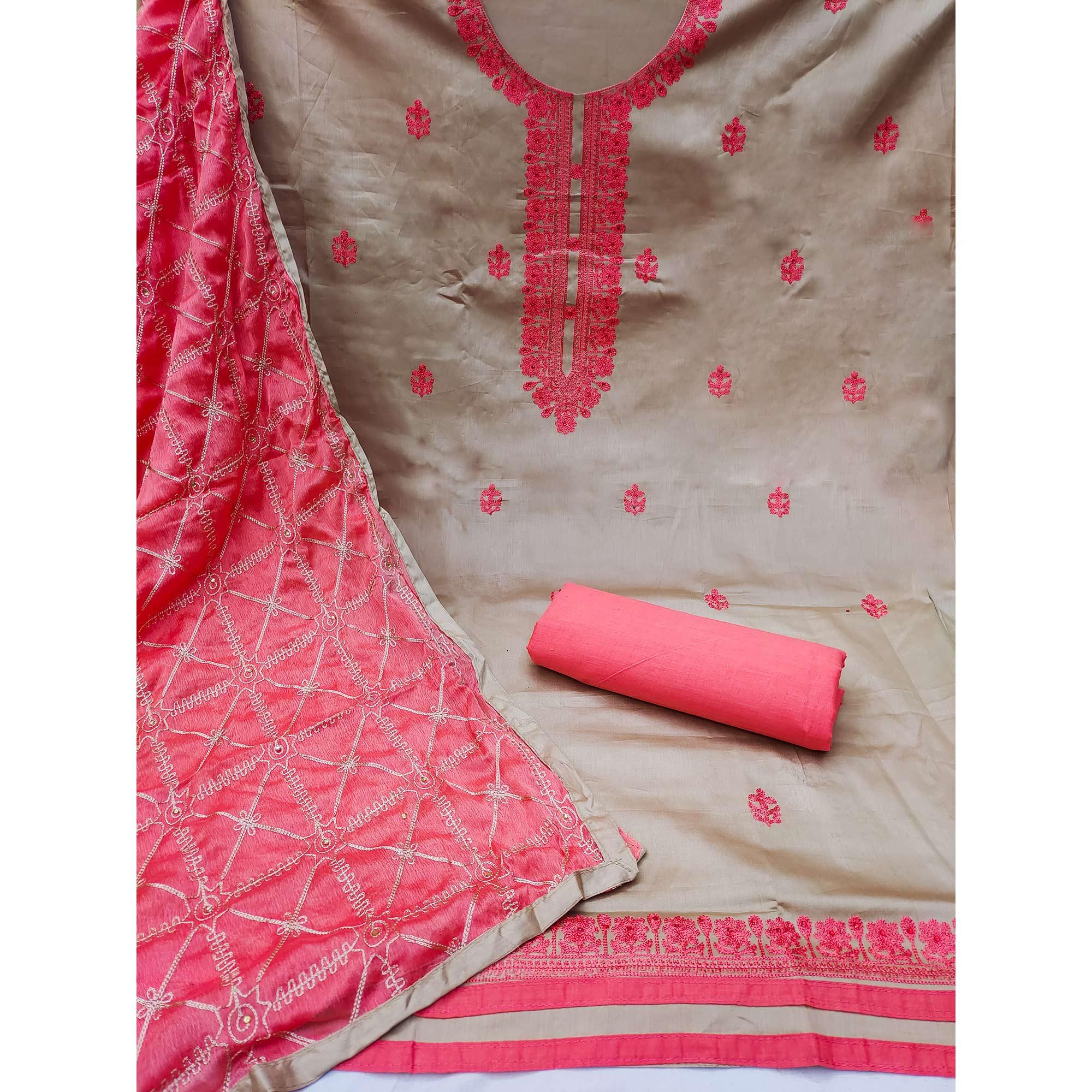 Grey Embroidered Poly Cotton Dress Material - Peachmode