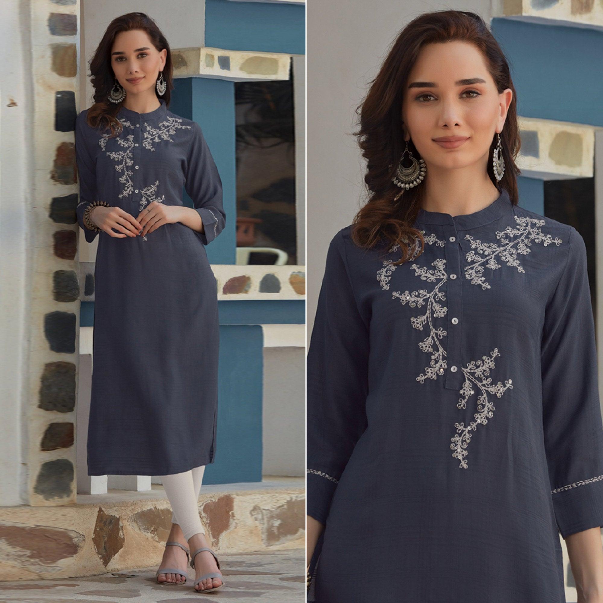 Grey Embroidered Poly Cotton Kurti - Peachmode