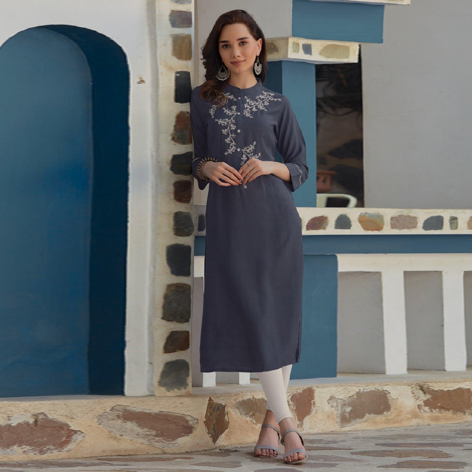 Grey Embroidered Poly Cotton Kurti - Peachmode