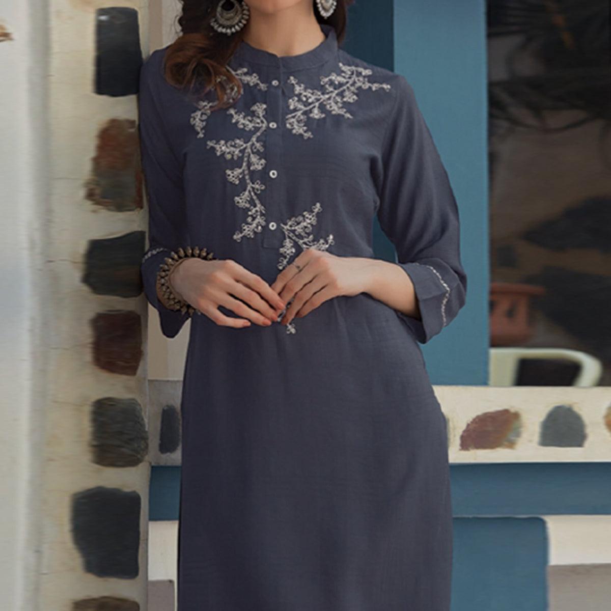 Grey Embroidered Poly Cotton Kurti - Peachmode