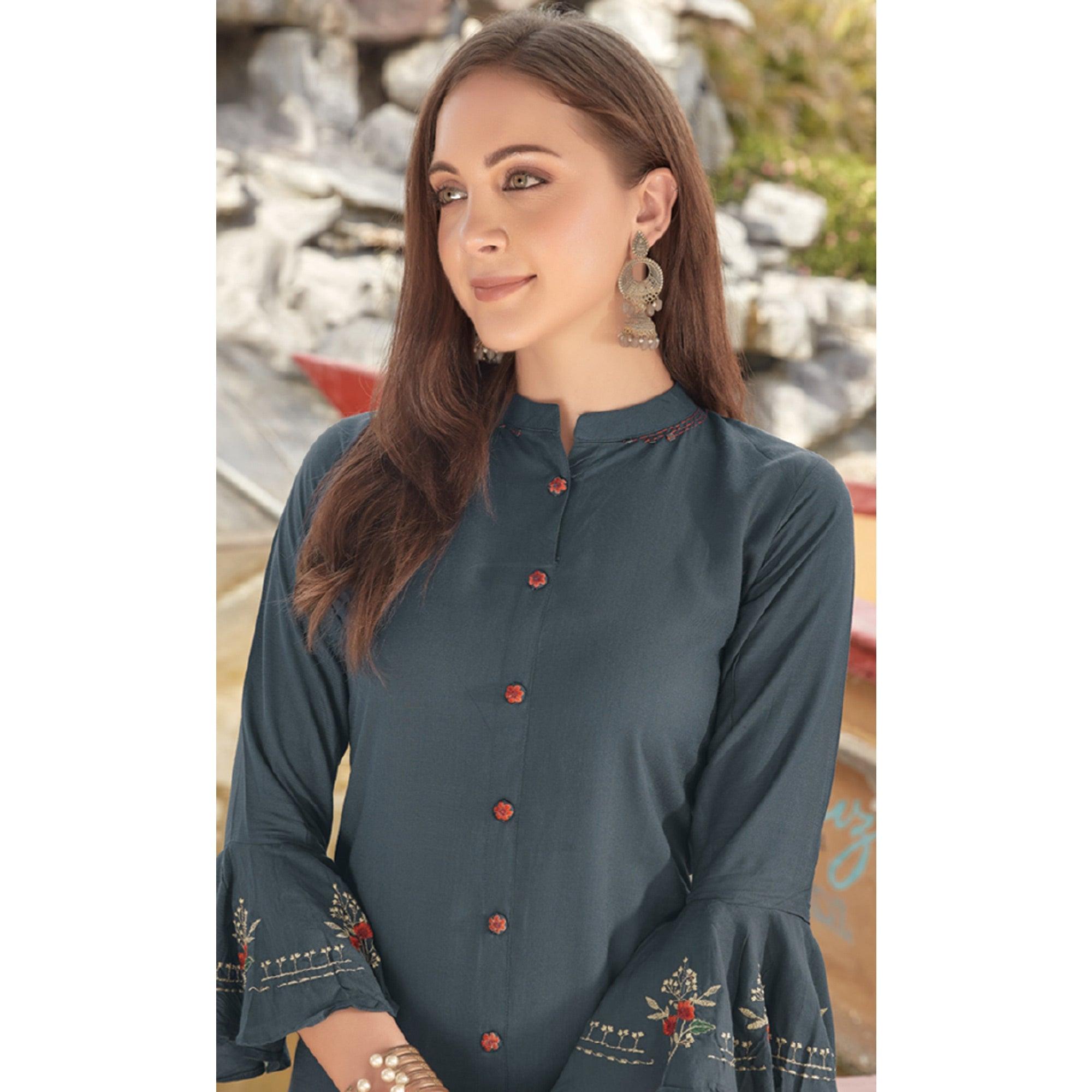 Grey Embroidered Poly Cotton Kurti - Peachmode