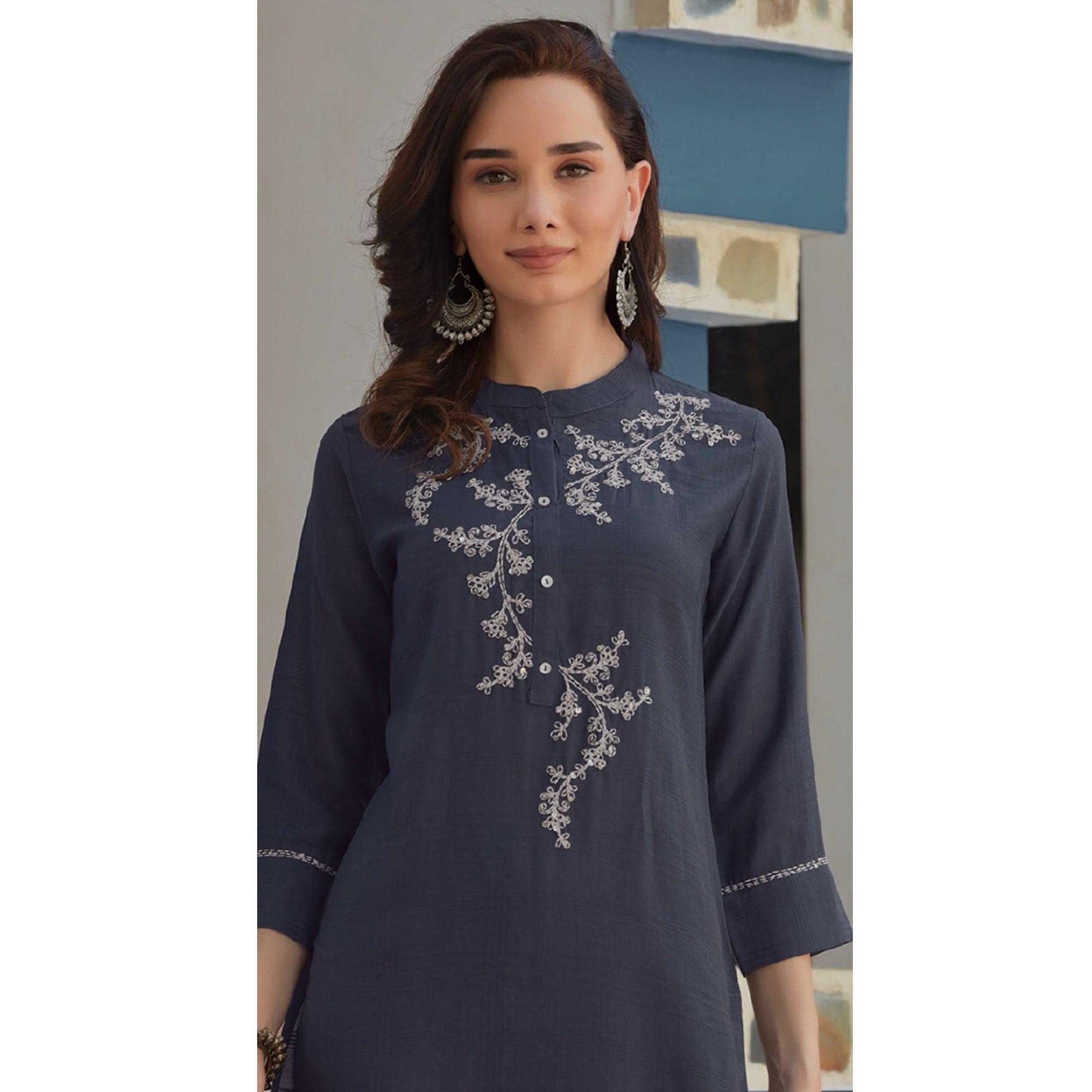 Grey Embroidered Poly Cotton Kurti - Peachmode