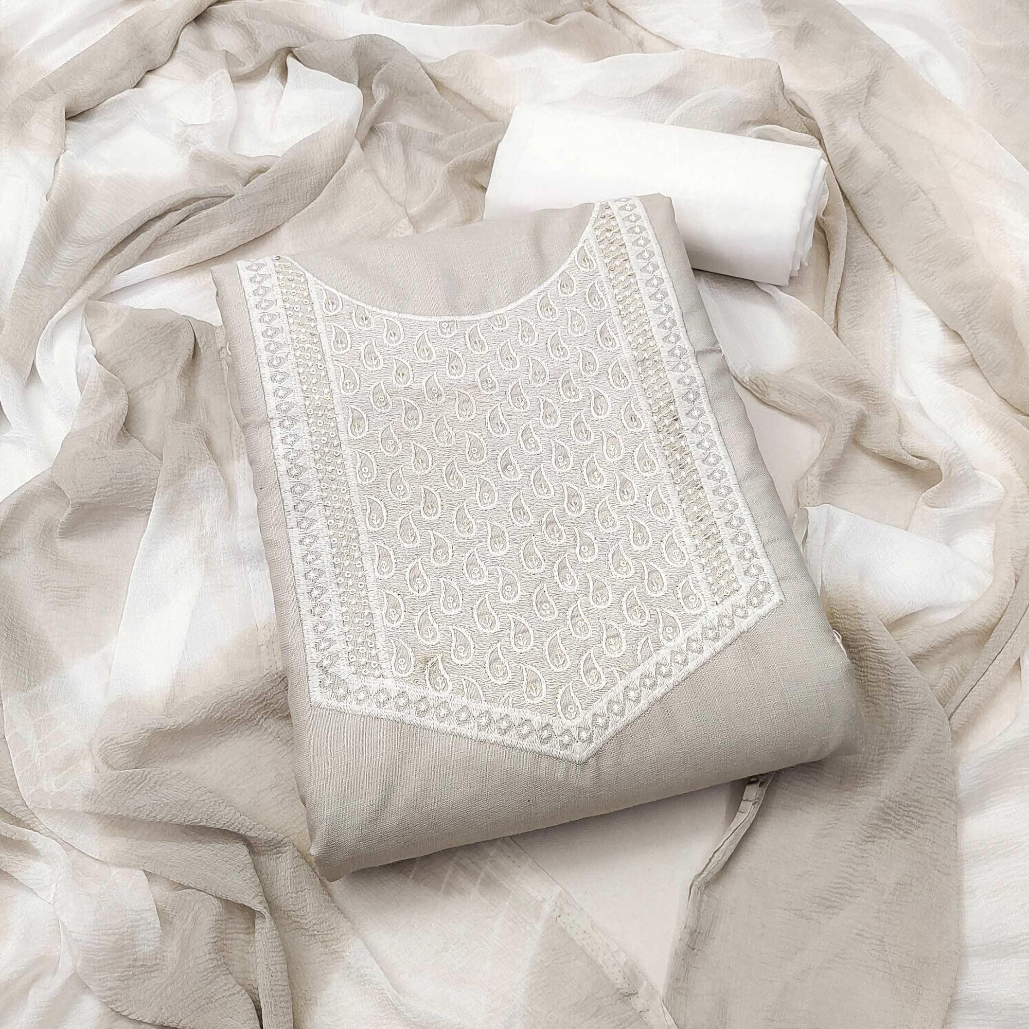Grey Embroidered Pure Cotton Dress Material - Peachmode