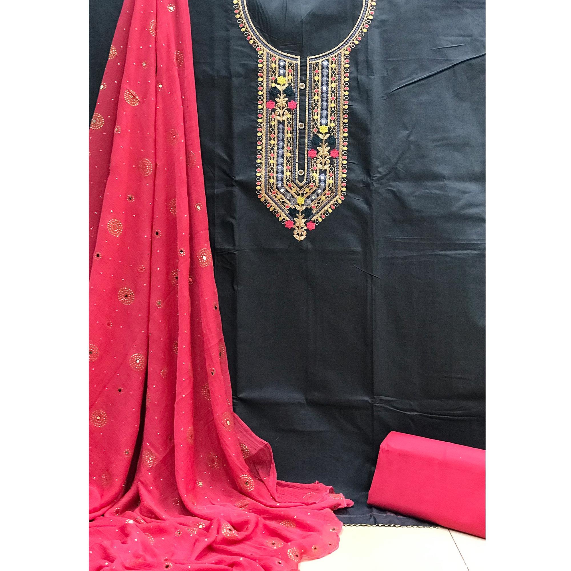 Grey Embroidered Pure Cotton Dress Material - Peachmode