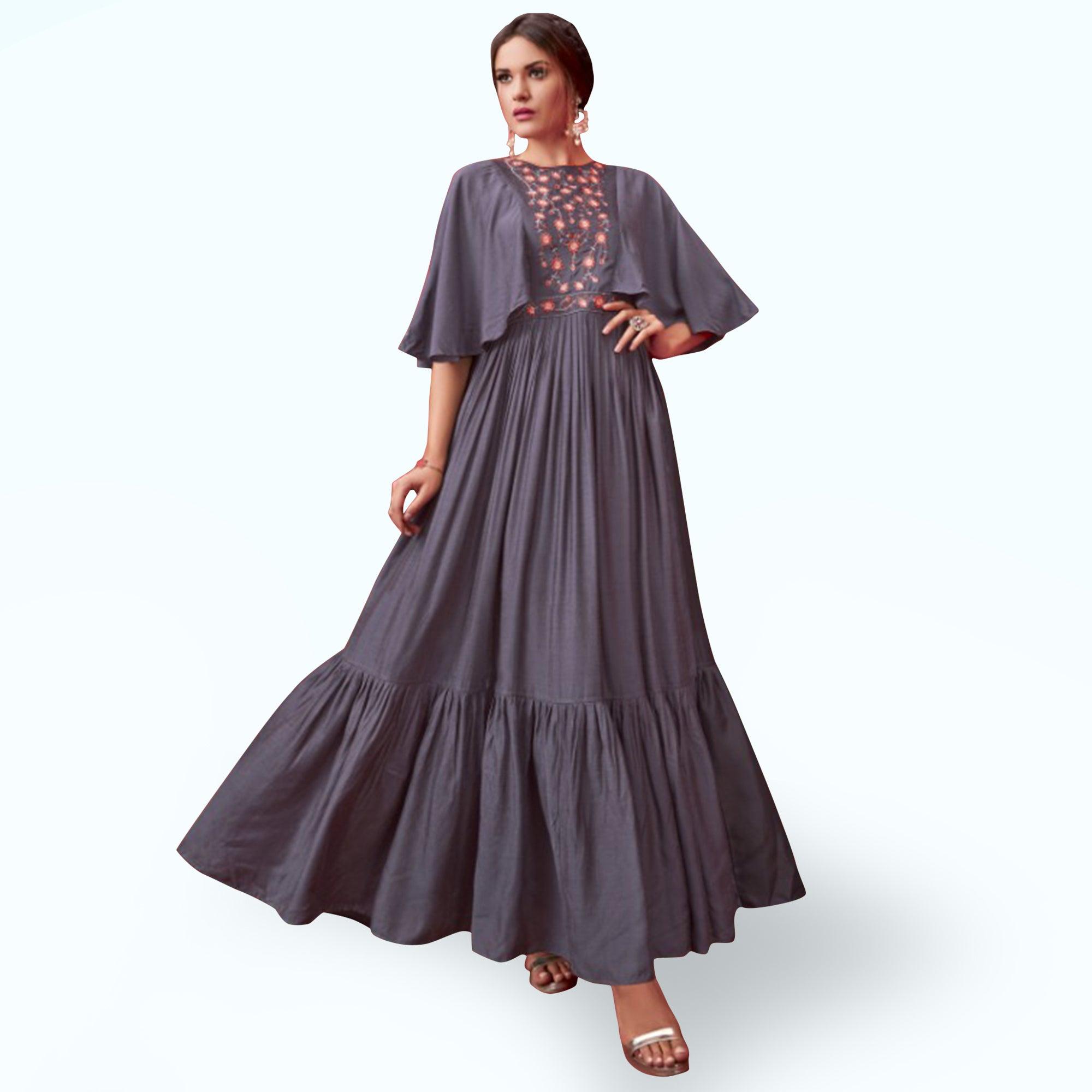 Grey Embroidered Pure Cotton Gown - Peachmode