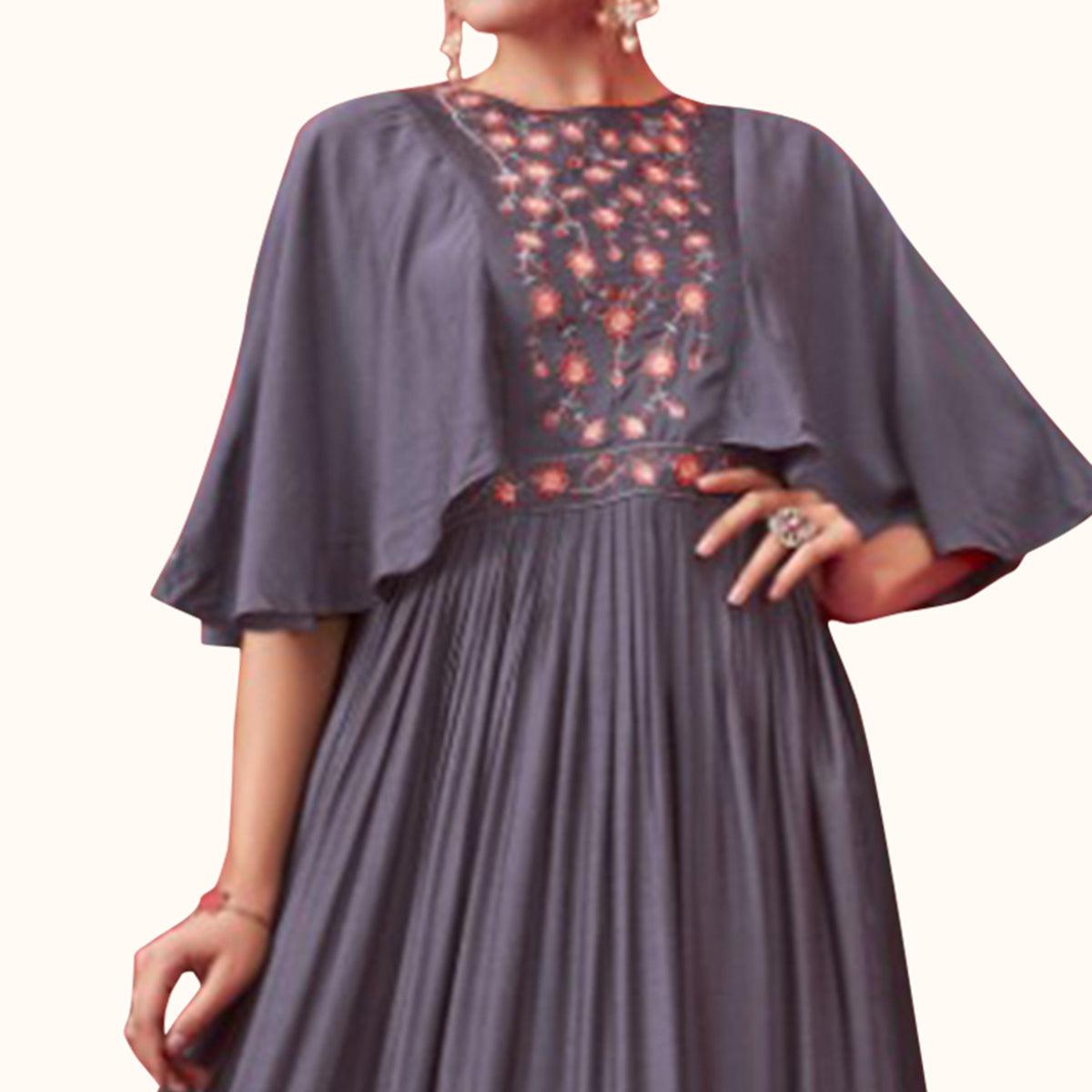 Grey Embroidered Pure Cotton Gown - Peachmode