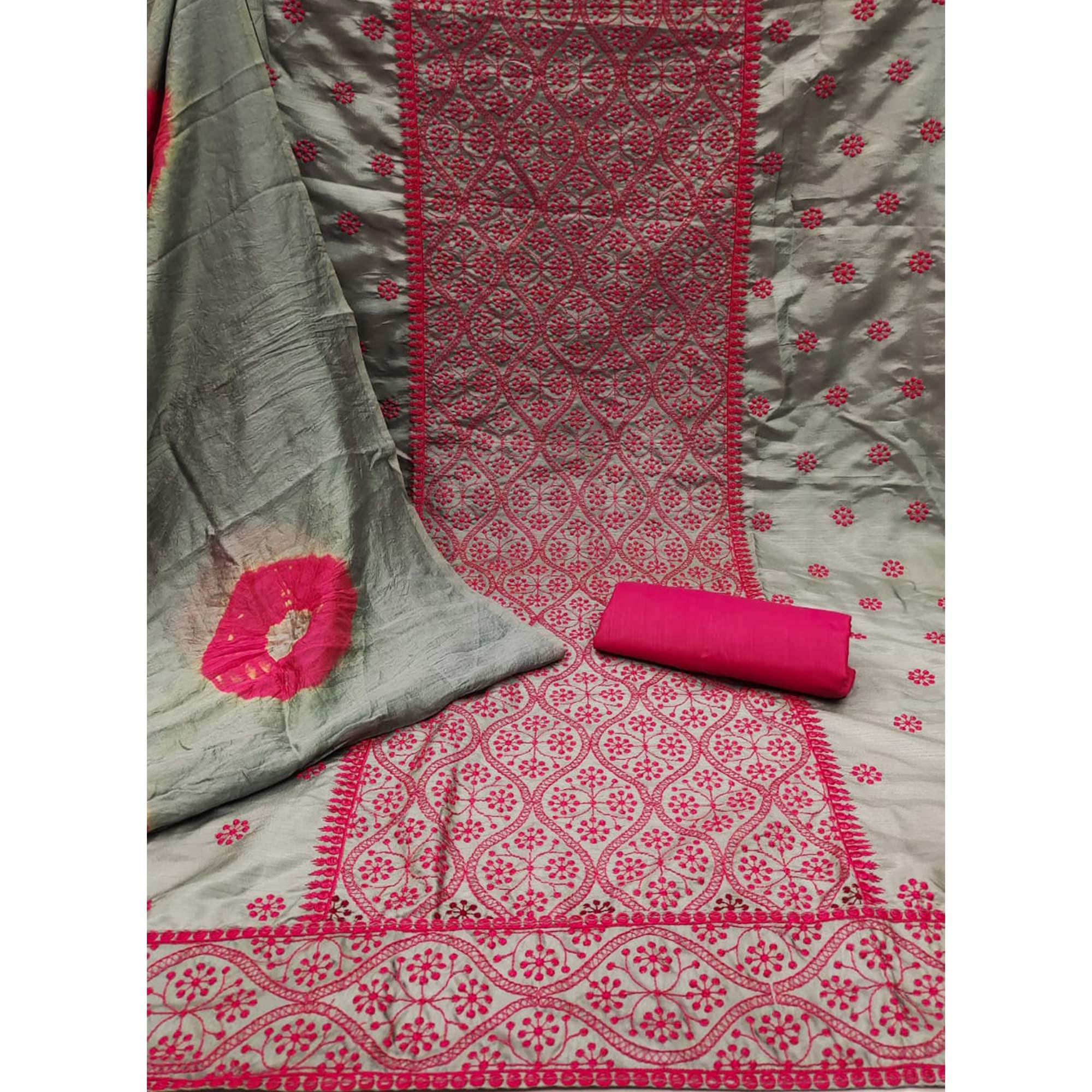 Grey Embroidered Pure Silk Dress Material - Peachmode
