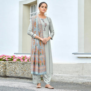 Grey Embroidered Rayon Kurti Pant Set With Dupatta - Peachmode