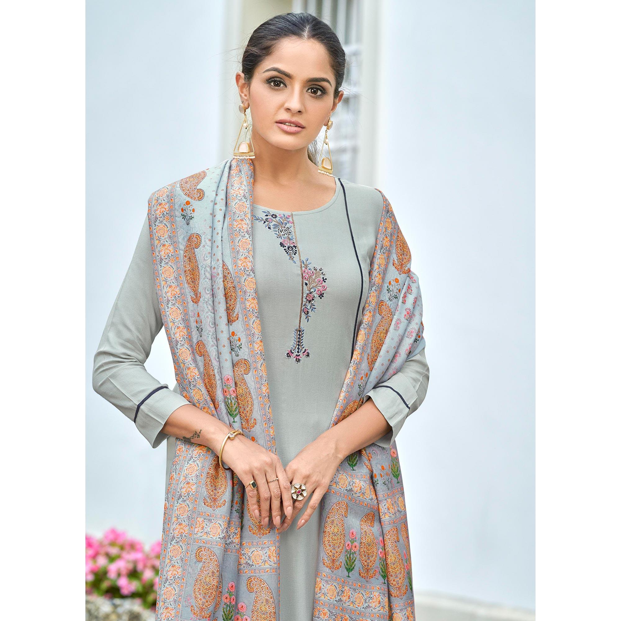 Grey Embroidered Rayon Kurti Pant Set With Dupatta - Peachmode