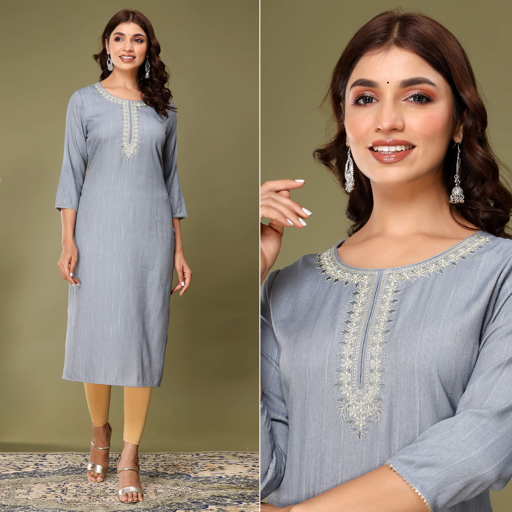 Grey Embroidered Rayon Kurti - Peachmode