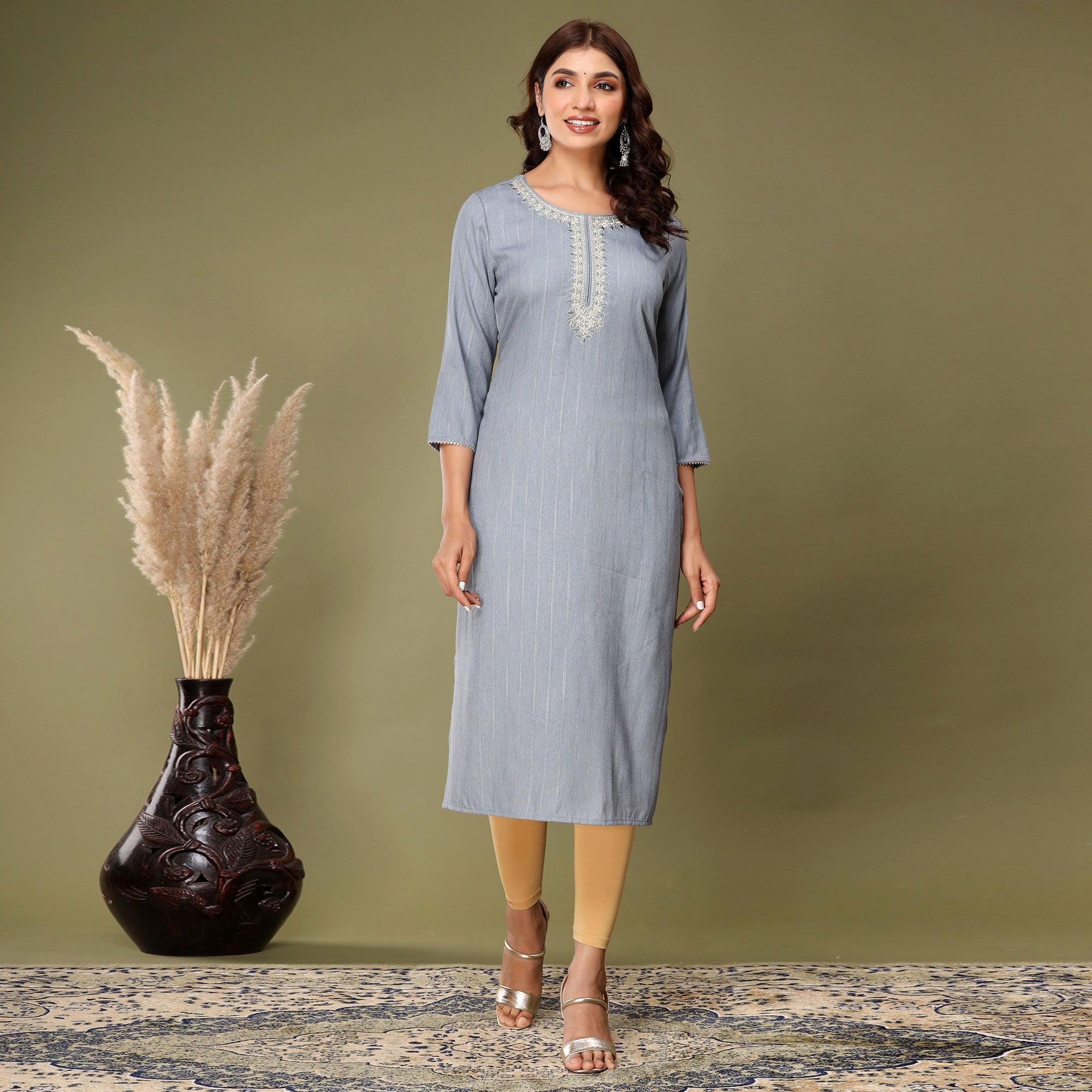 Grey Embroidered Rayon Kurti - Peachmode