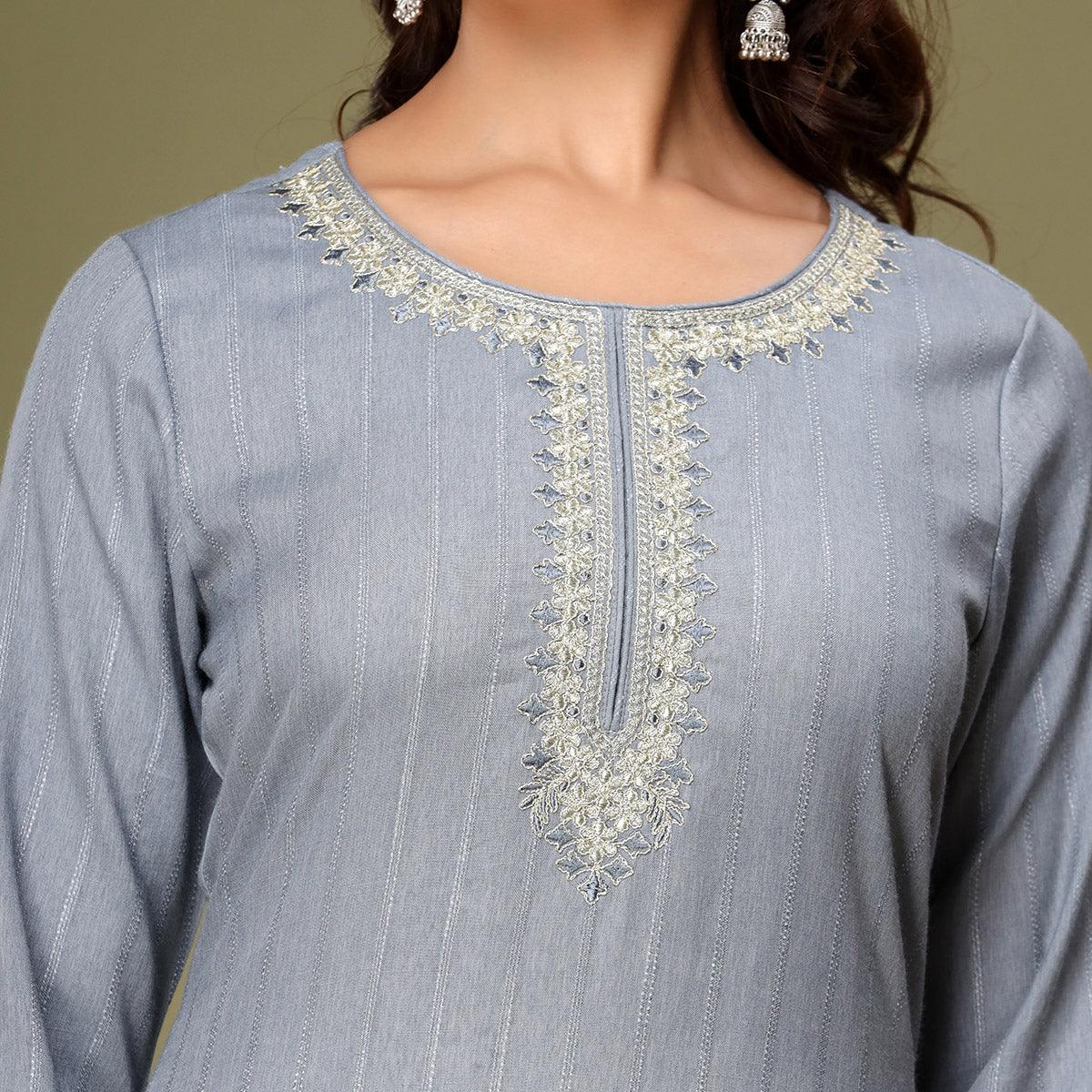 Grey Embroidered Rayon Kurti - Peachmode