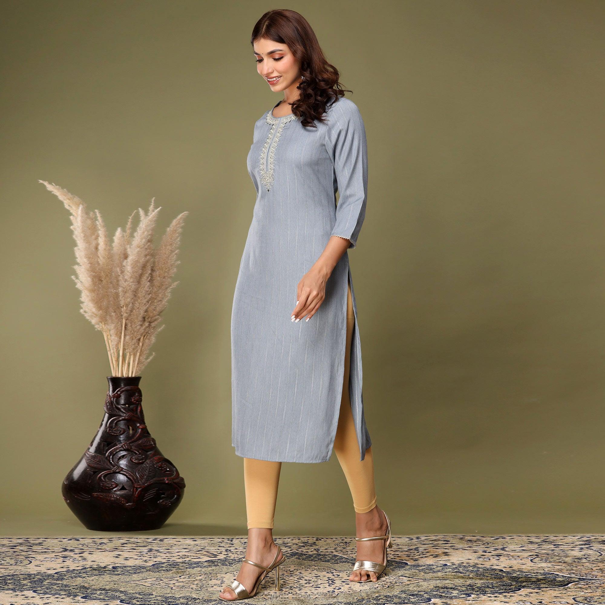 Grey Embroidered Rayon Kurti - Peachmode