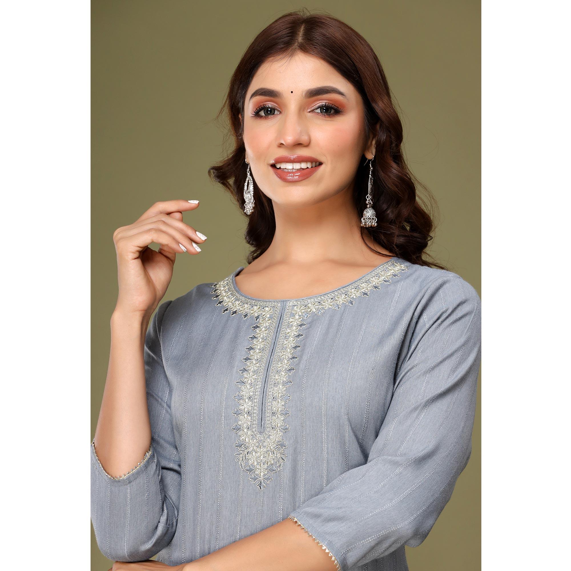 Grey Embroidered Rayon Kurti - Peachmode