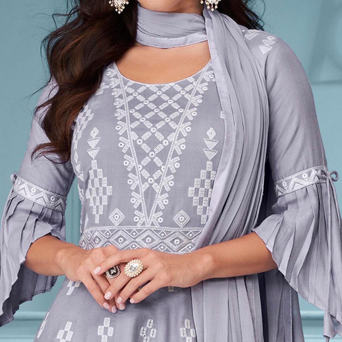 Grey Embroidered Rayon Sharara Suit - Peachmode