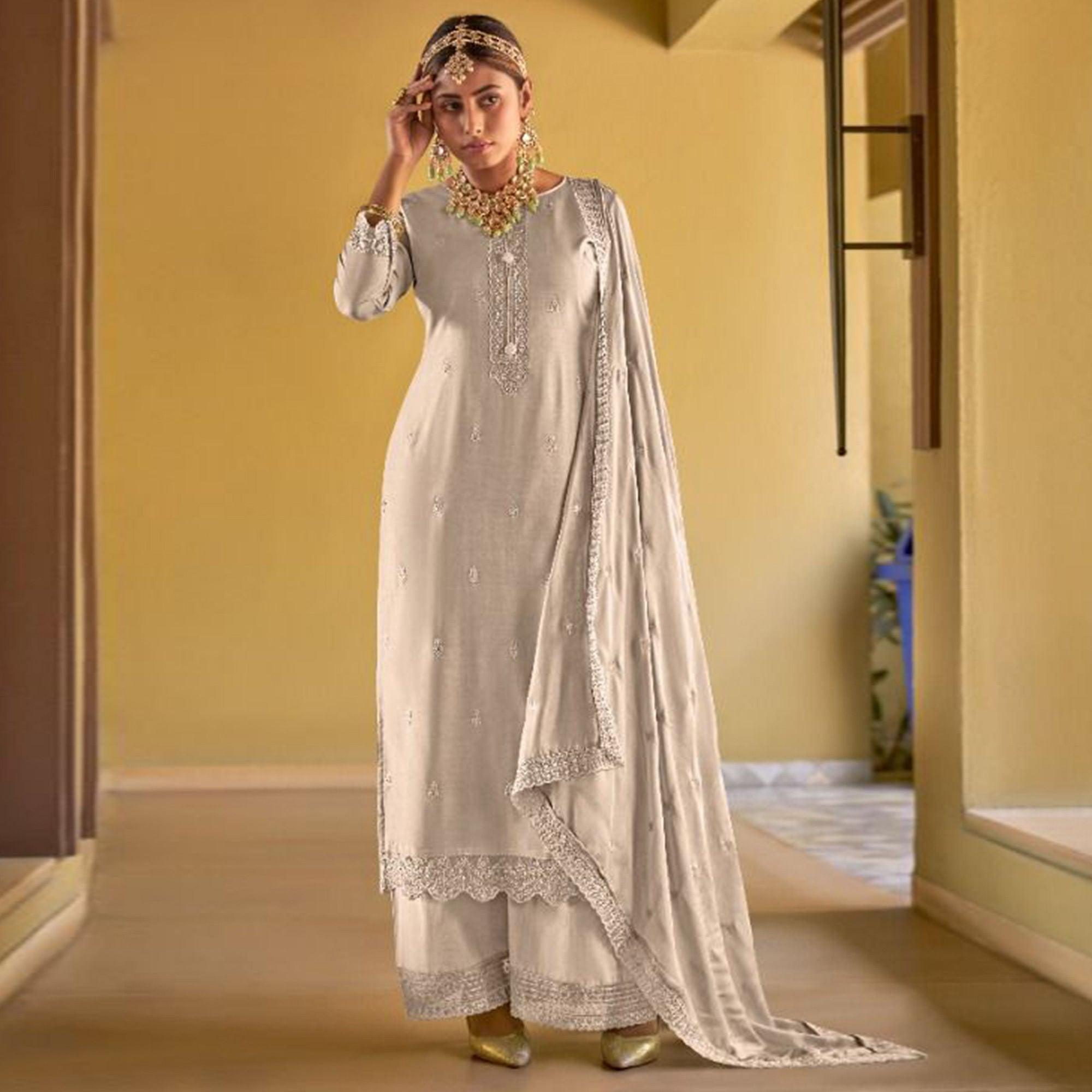 Grey Embroidered Viscose Palazzo Suit - Peachmode