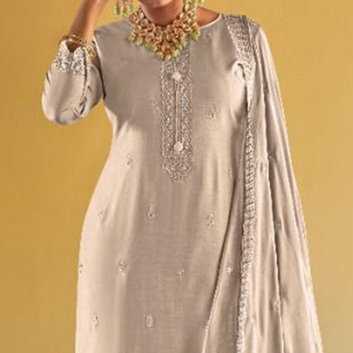 Grey Embroidered Viscose Palazzo Suit - Peachmode