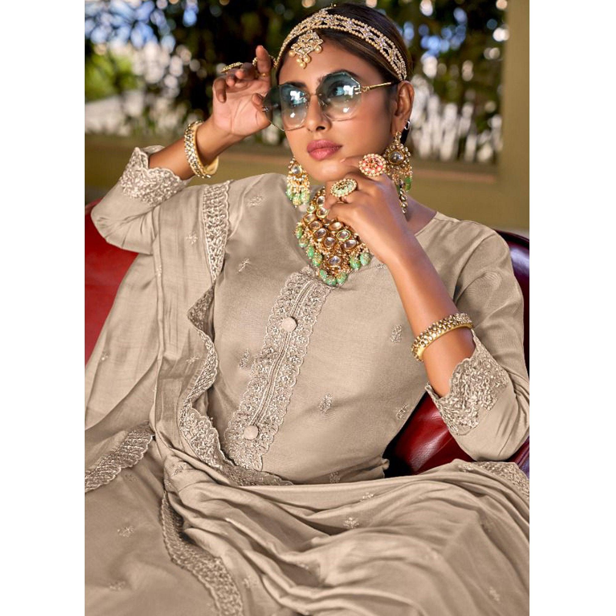 Grey Embroidered Viscose Palazzo Suit - Peachmode