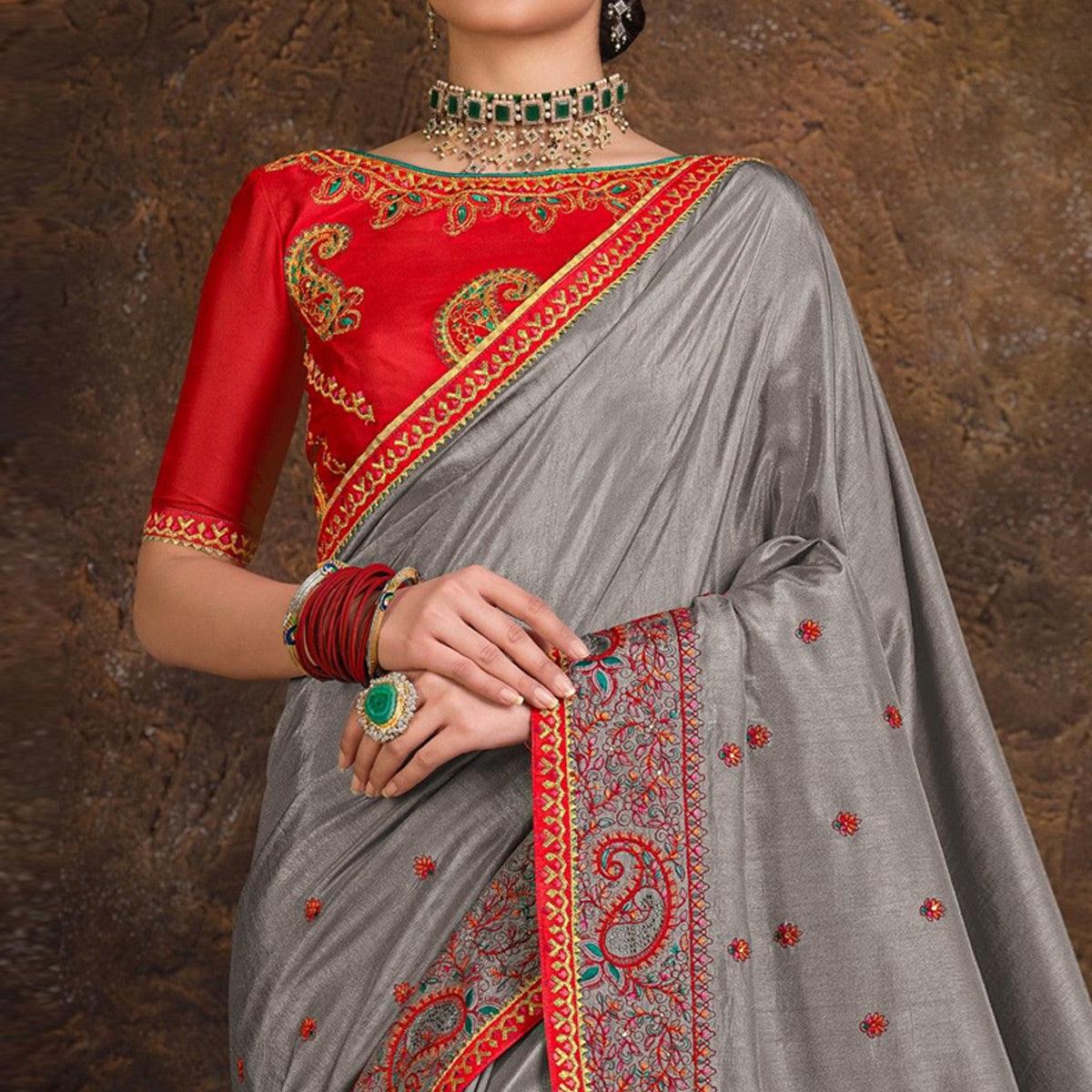 Grey Embroidered With Embellished Art Silk Saree - Peachmode