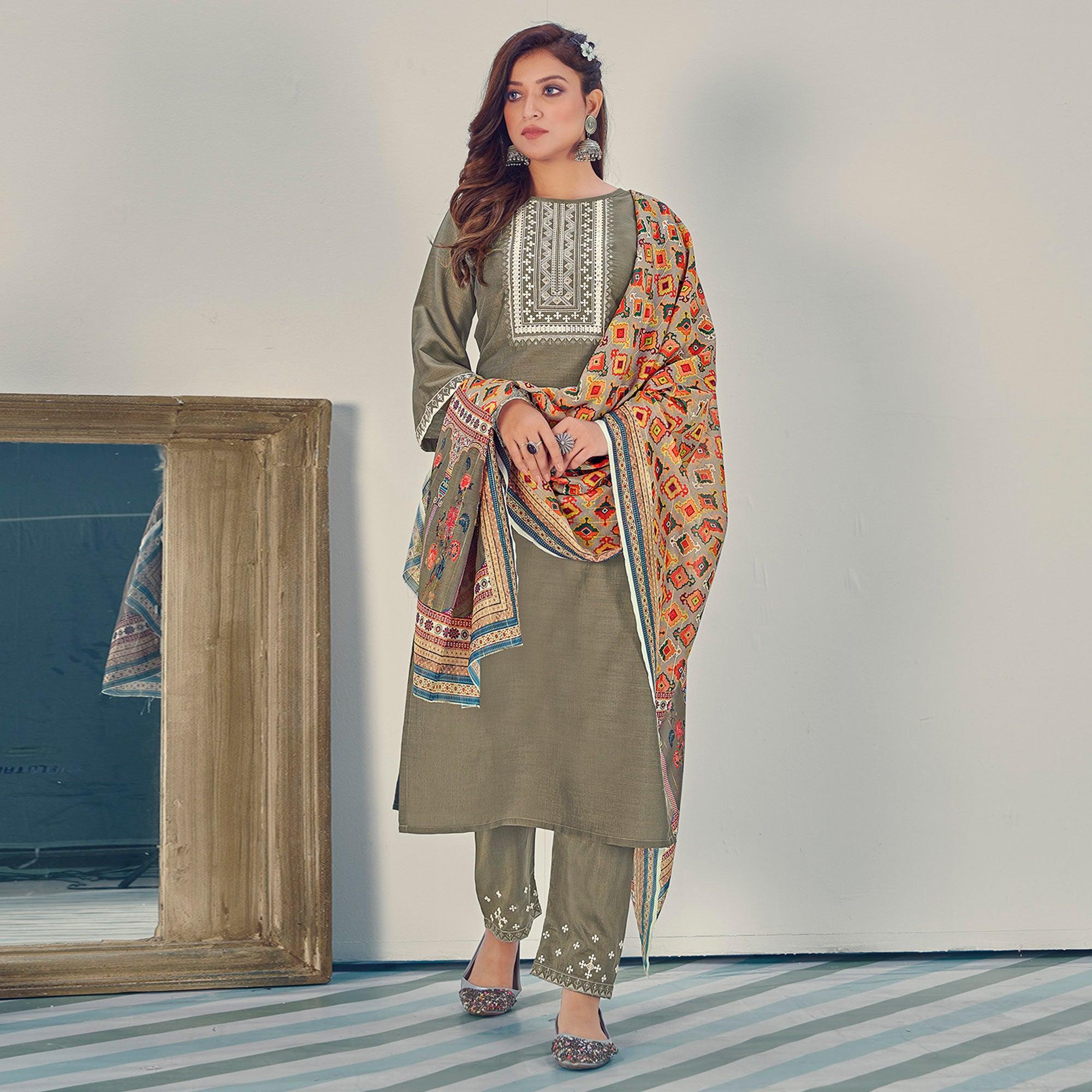 Grey Embroidered With Embellished Chiffon Kurti Pant Set With Dupatta - Peachmode