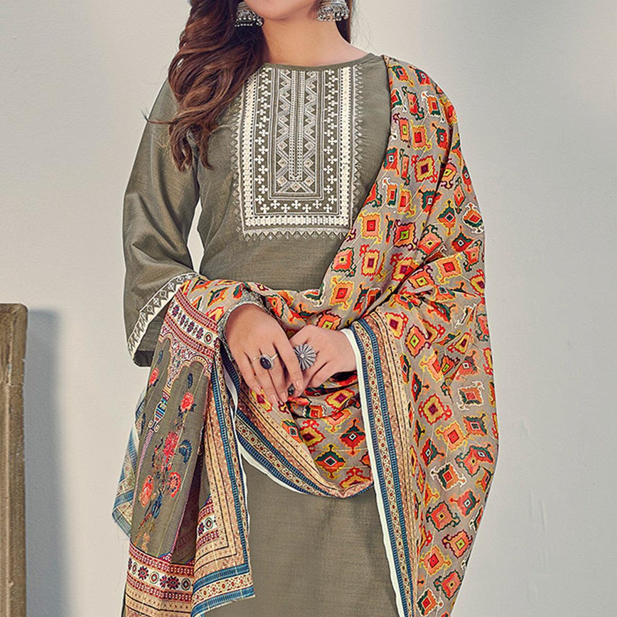 Grey Embroidered With Embellished Chiffon Kurti Pant Set With Dupatta - Peachmode