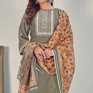 Grey Embroidered With Embellished Chiffon Kurti Pant Set With Dupatta - Peachmode
