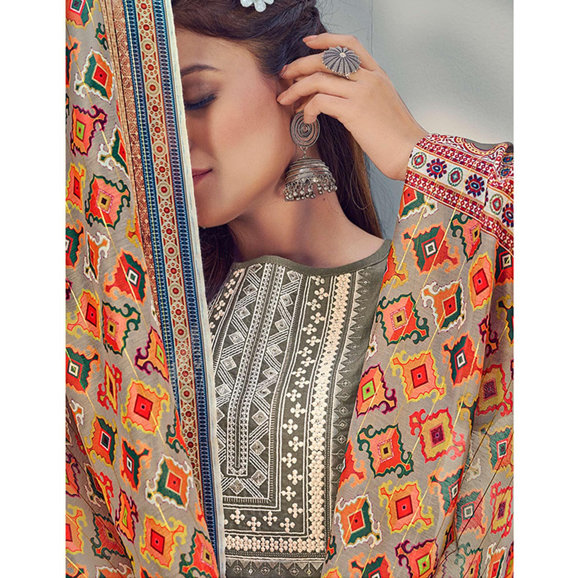 Grey Embroidered With Embellished Chiffon Kurti Pant Set With Dupatta - Peachmode