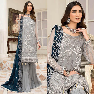 Grey Embroidered With Embellished Georgette Pakistani Suit - Peachmode