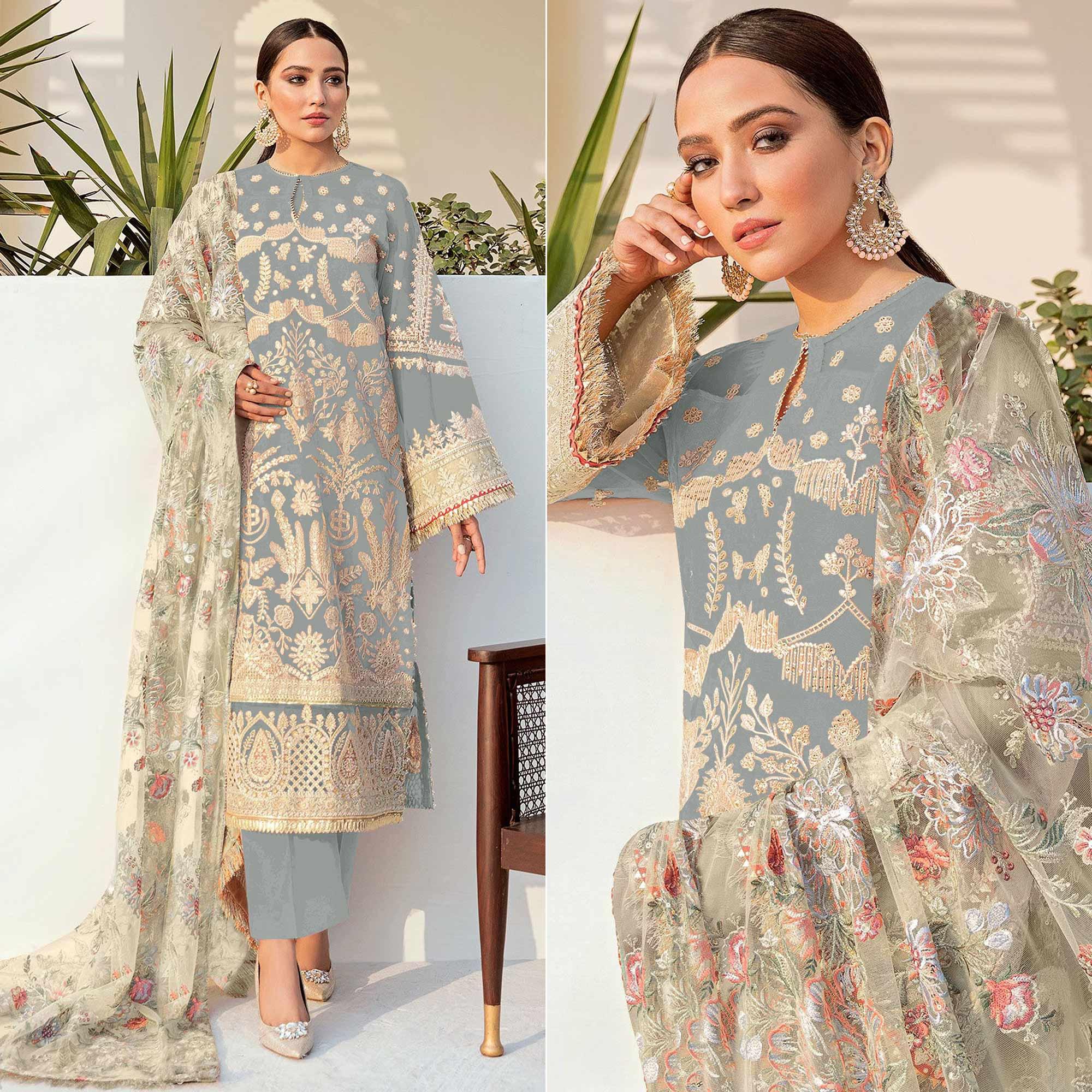 Grey Embroidered With Embellished Georgette Pakistani Suit - Peachmode